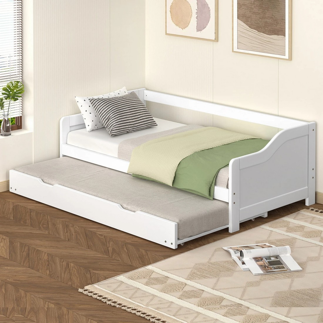 9 Alfordson Bed Frame Trundle 2x Single Size Wooden Daybed Base Timber - White, 9 of 9