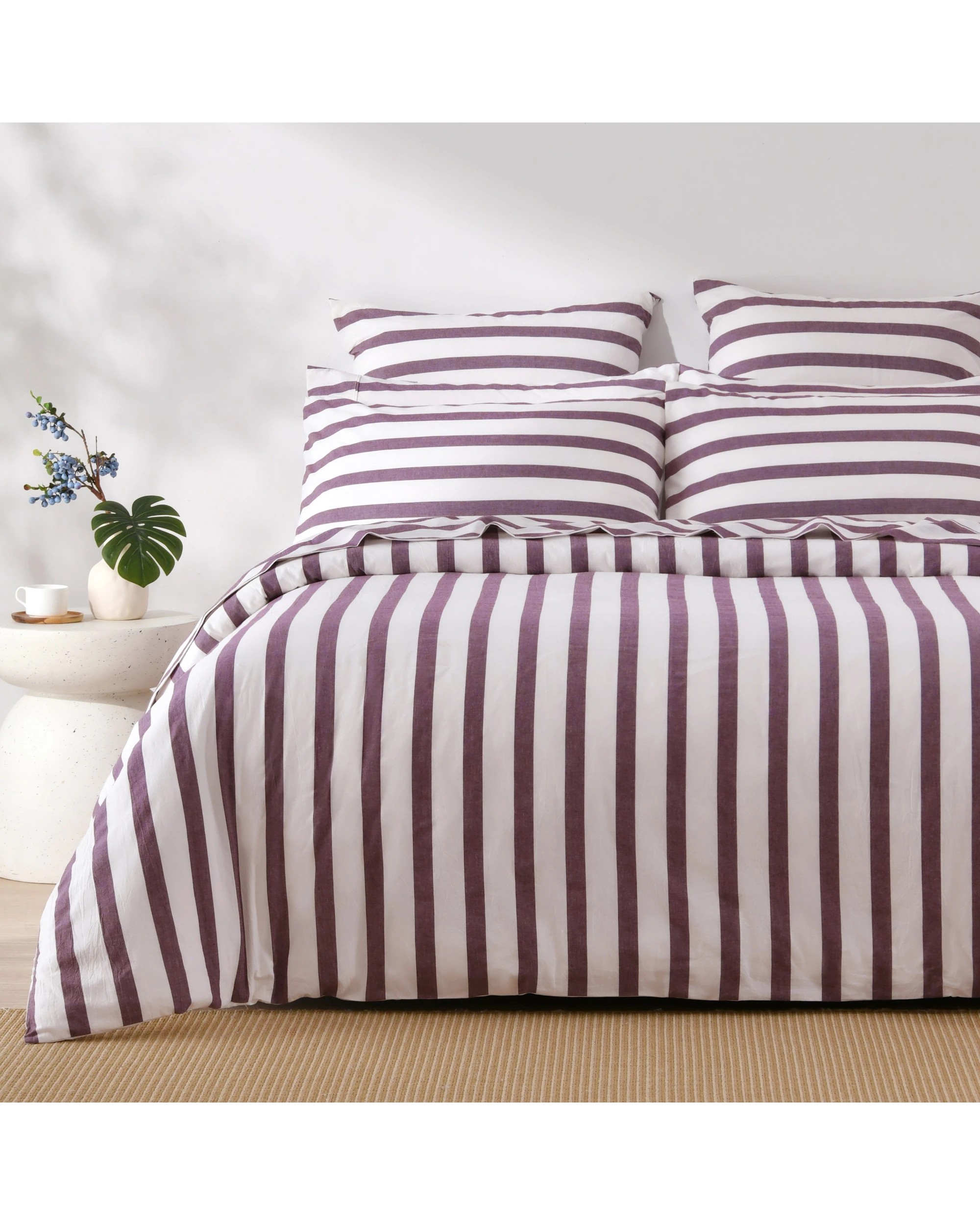 1 Dreamaker Cove Yarn Dyed Washed Cotton Striped Quilt Cover Set - Queen Bed - Plum, 1 of 7