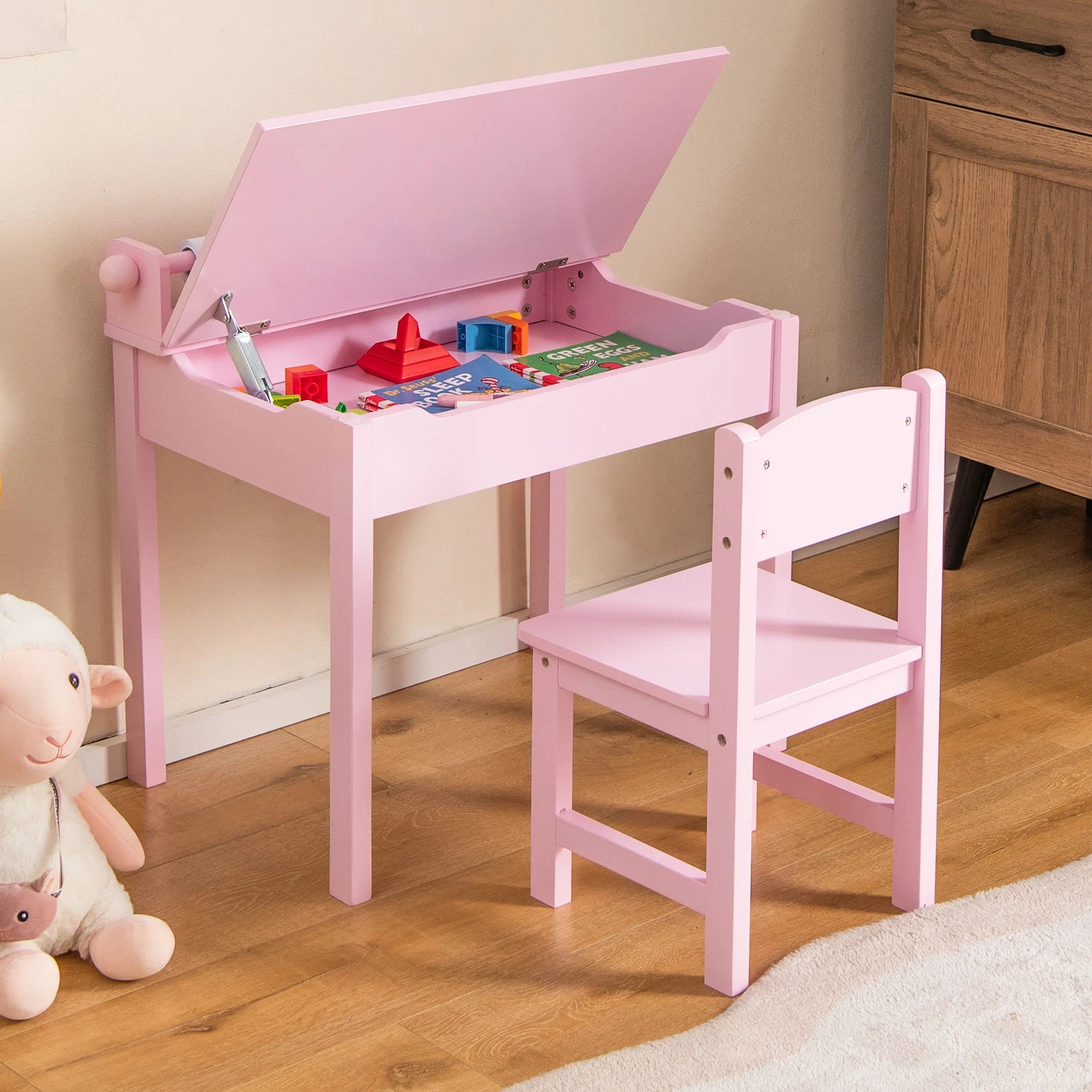 3 Costway Art Table Set Lift-Top Toddle Craft Table Chair Set w/Paper Roll - Pink, 3 of 3