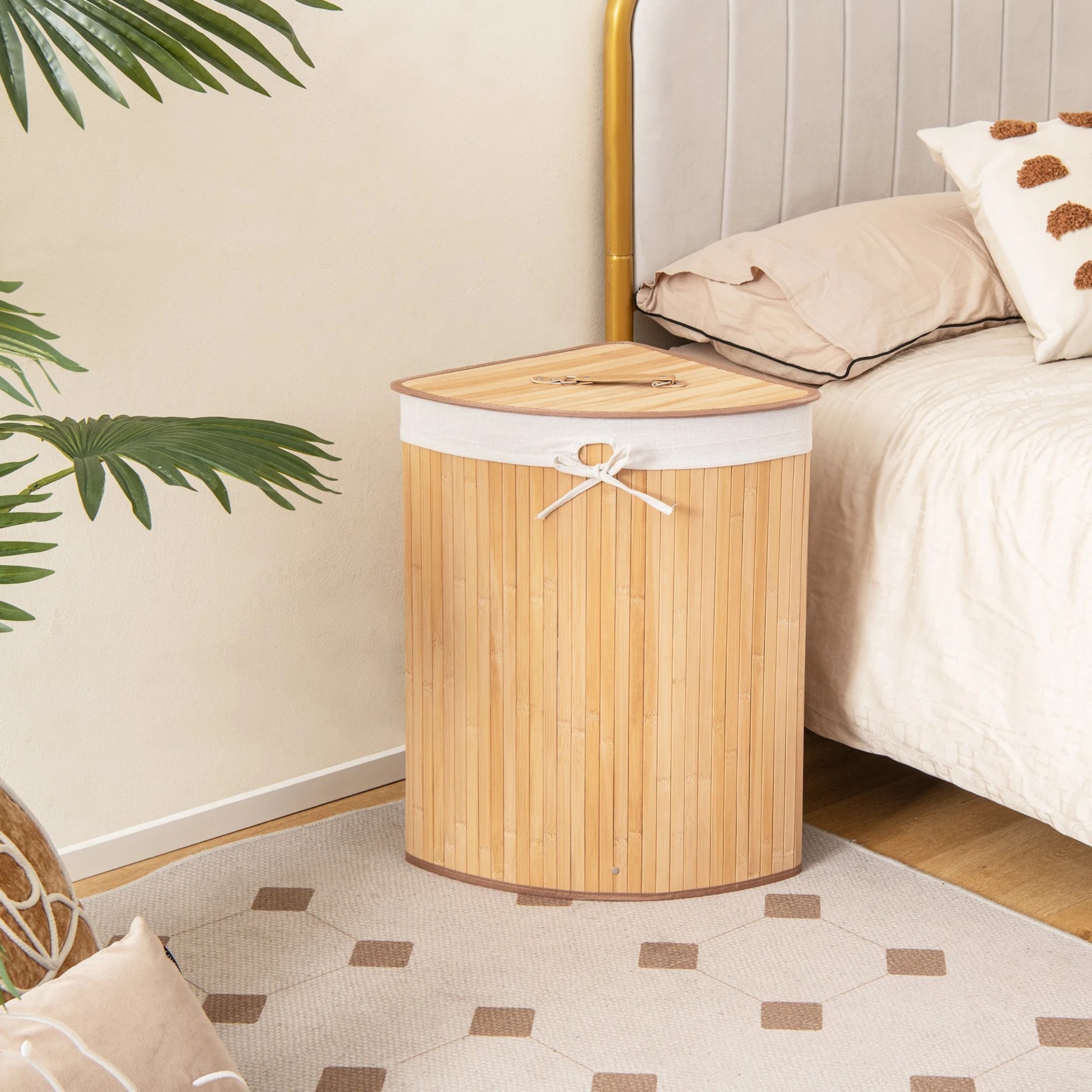 4 Costway 72L Bamboo Laundry Hamper Corner Storage Basket w/Lid - Natural, 4 of 5