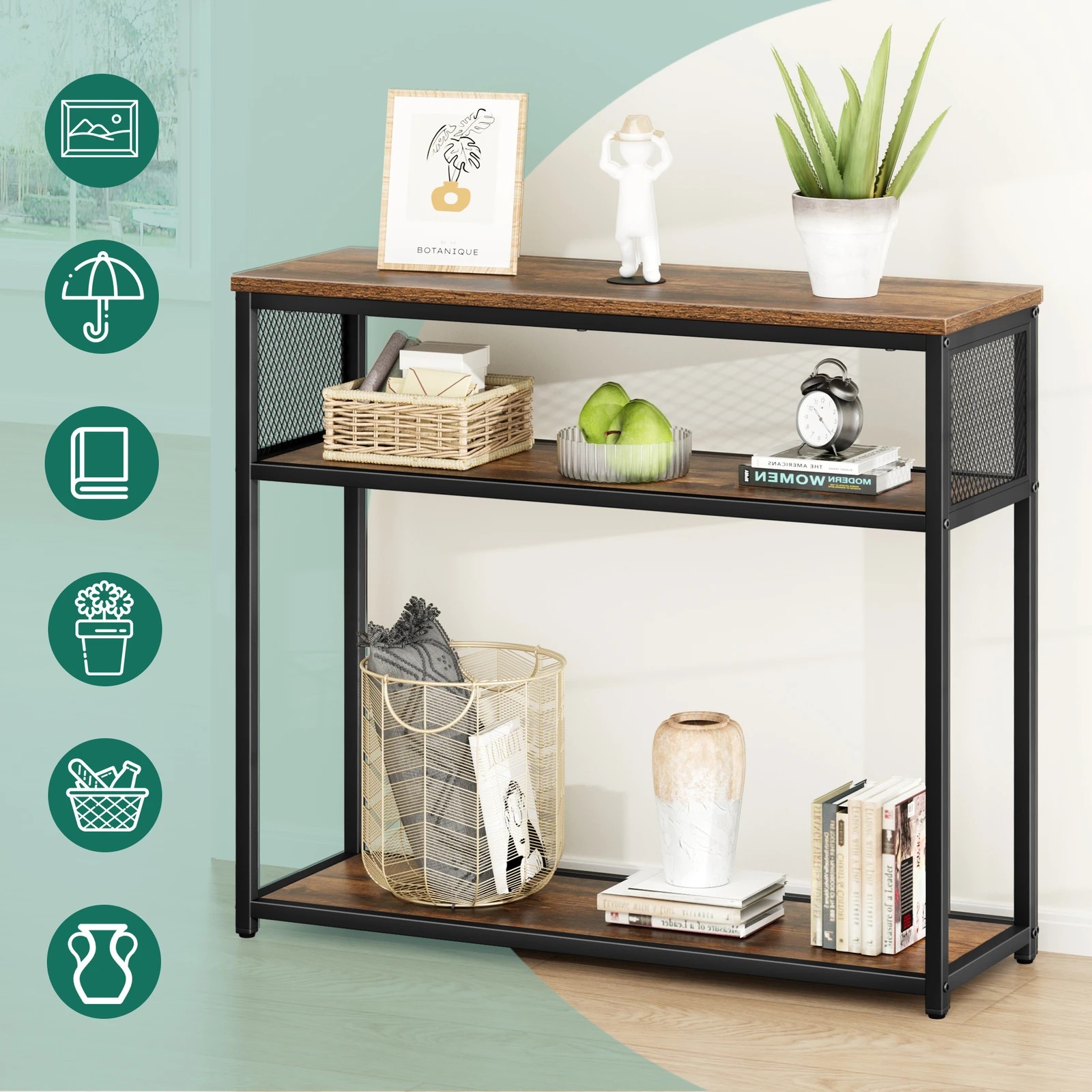 3 Alfordson Console Table Entry Storage Rack Industrial Wooden 3-tier Shelf - Oak, 3 of 10