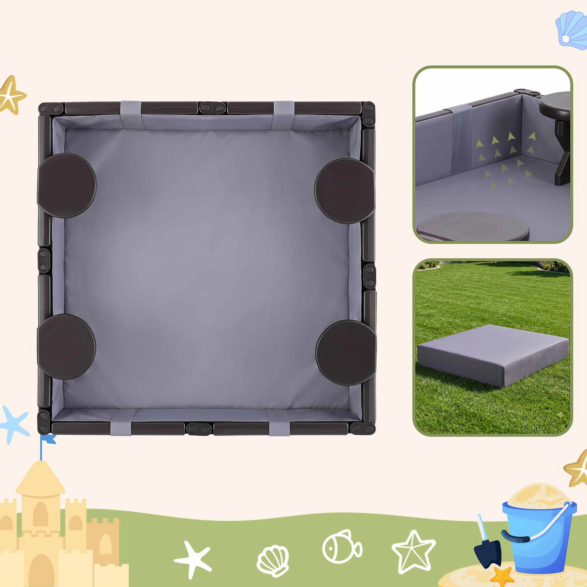 6 Keezi Kids Square Sandpit with Cover and 4 Seats - Brown, 6 of 8