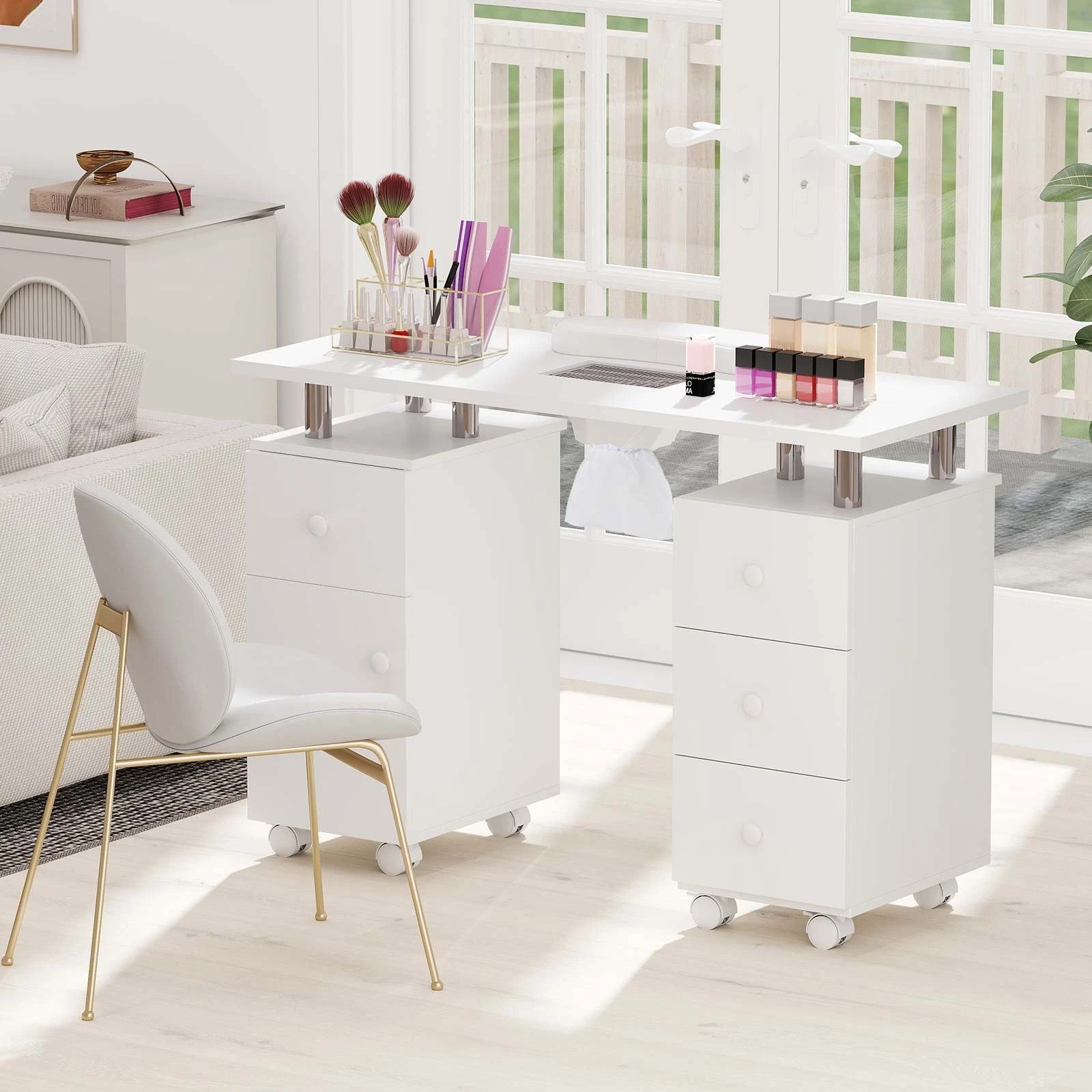 3 Costway 4 Drawers Rolling Manicure Nail Table w/Electric Dust Collector Nail Tech Desk - White, 3 of 3