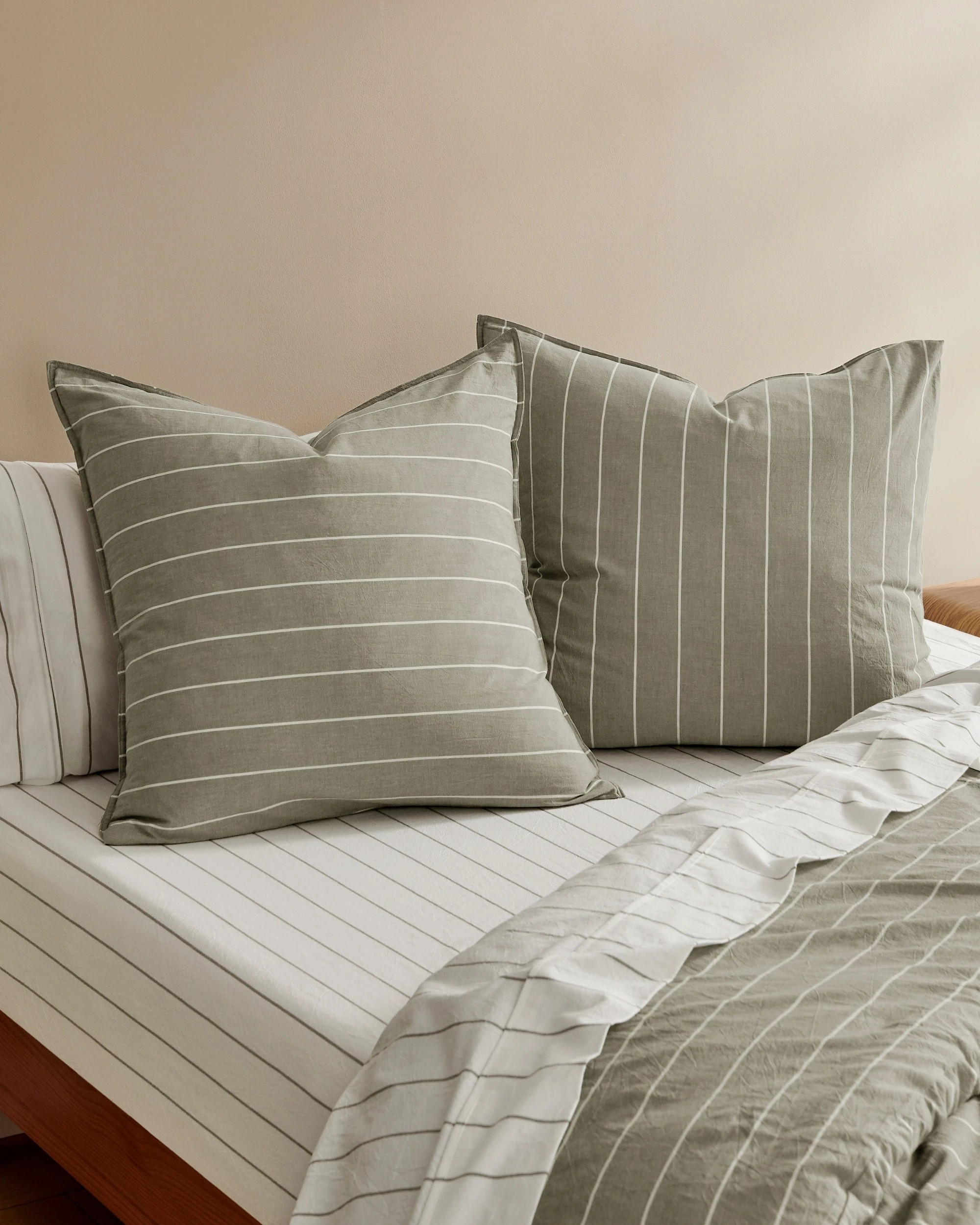 1 Dreamaker Rumi Stripe Washed Cotton Reversible European Pillowcase Twin Pack - Olive with White, 1 of 4