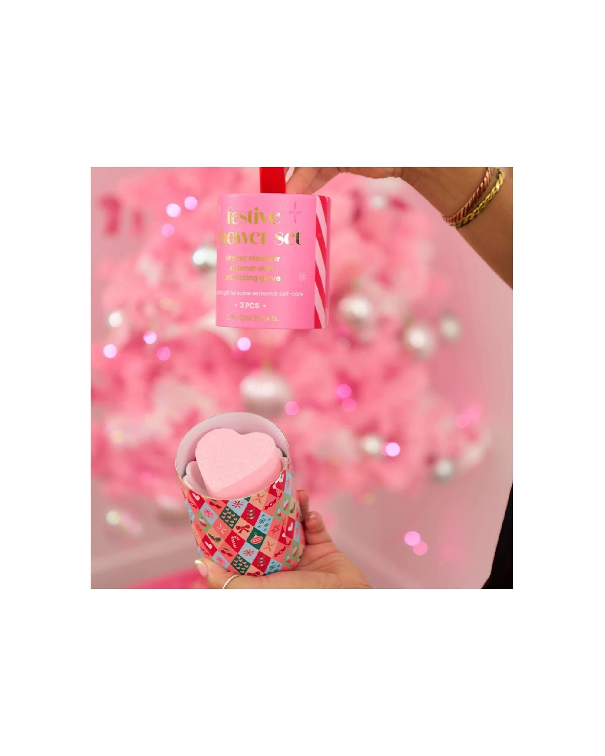 4 Annabel Trends 3pc Shower Bath Gift Set With Steamer Gloves Dish Festive - Pink, 4 of 7
