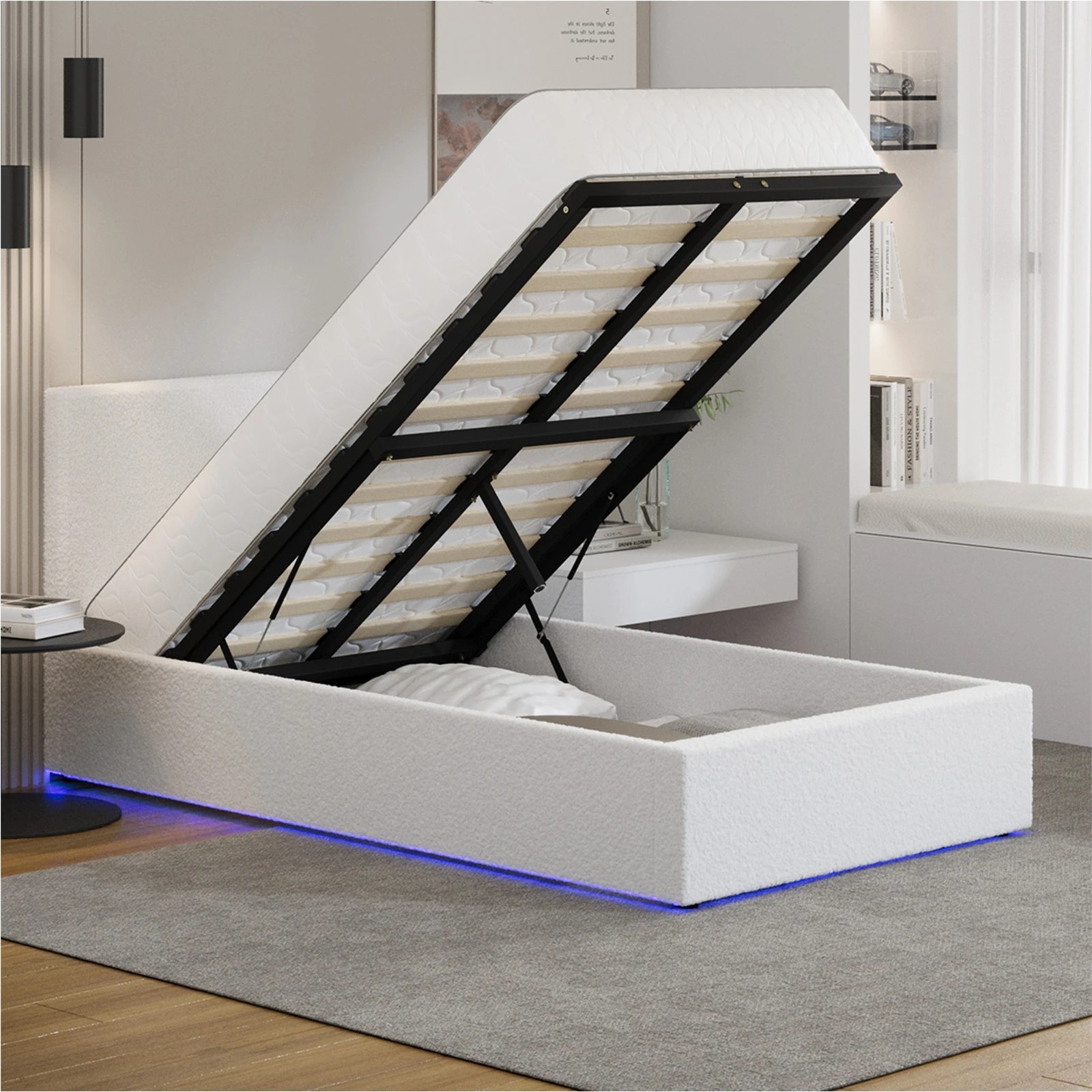 4 Oikiture Bed Frame King Single Size Gas Lift Storage Base LED Beds Boucle - White, 4 of 7
