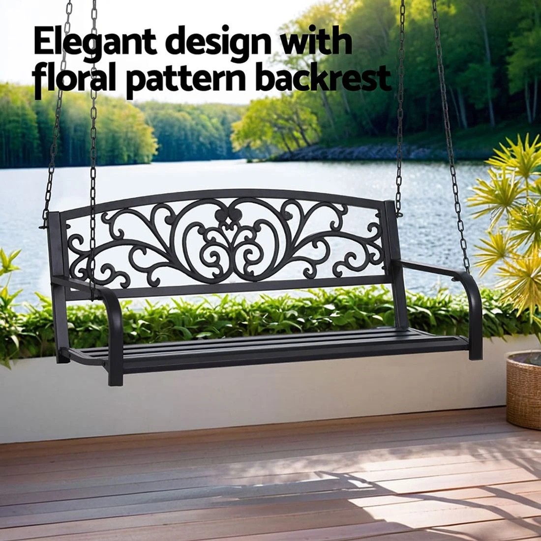 4 Gardeon Outdoor Porch Swing Chair Patio Furniture Floral Backrest 2 Seater - Black, 4 of 5