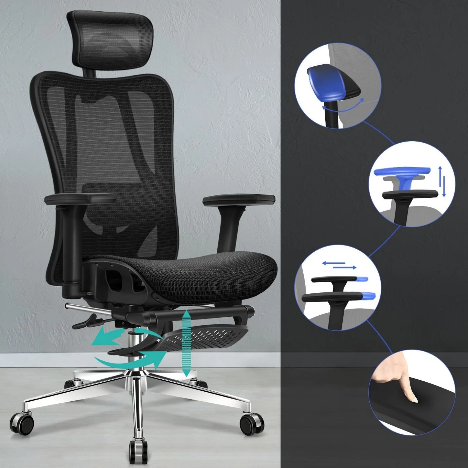 6 Alfordson Office Chair Ergonomic Mesh Seat Executive Work Computer Gaming - Black, 6 of 10