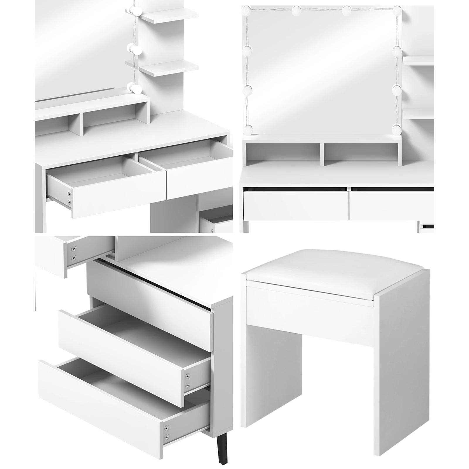 4 Oikiture Dressing Table Stool Set Makeup Mirror 10 Led Bulbs Cabinet
 - White, 4 of 9