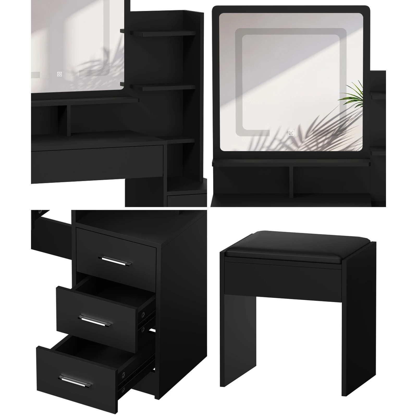 4 Oikiture Dressing Table Stool Set Makeup Mirror Led Light Storage Cabinet
 - Black, 4 of 9