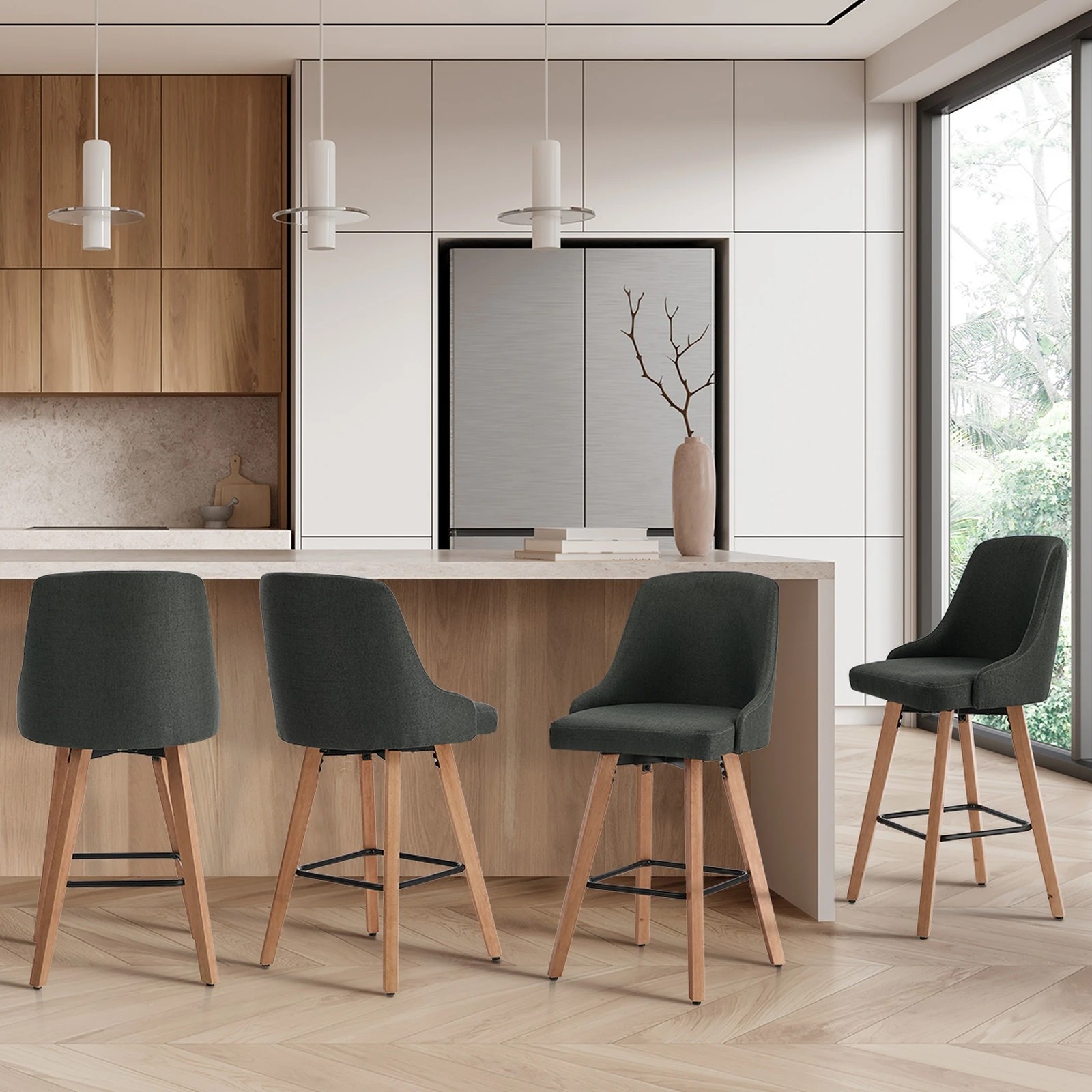 4 Oikiture 4x Bar Stools Swivel Wooden - Grey, 4 of 8