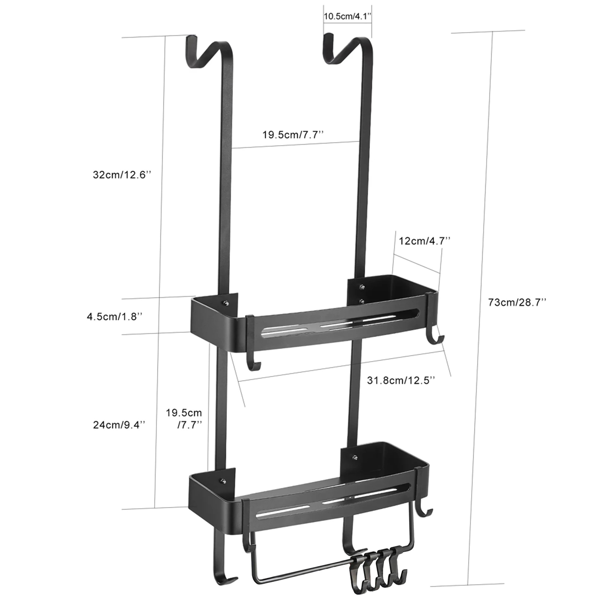 3 2 Tier Bathroom Shower Caddy Aluminium Alloy Rust Free Waterproof Bath Storage w/ Crossbar Rack- Carbon Grey - Grey, 3 of 4