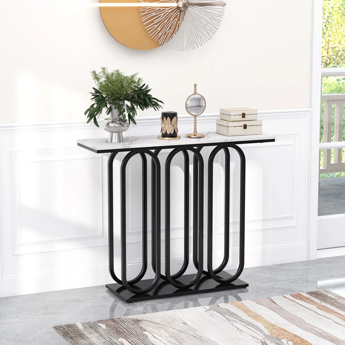 8 Costway Metal Frame Console Table Faux Marble Tabletop, 8 of 10