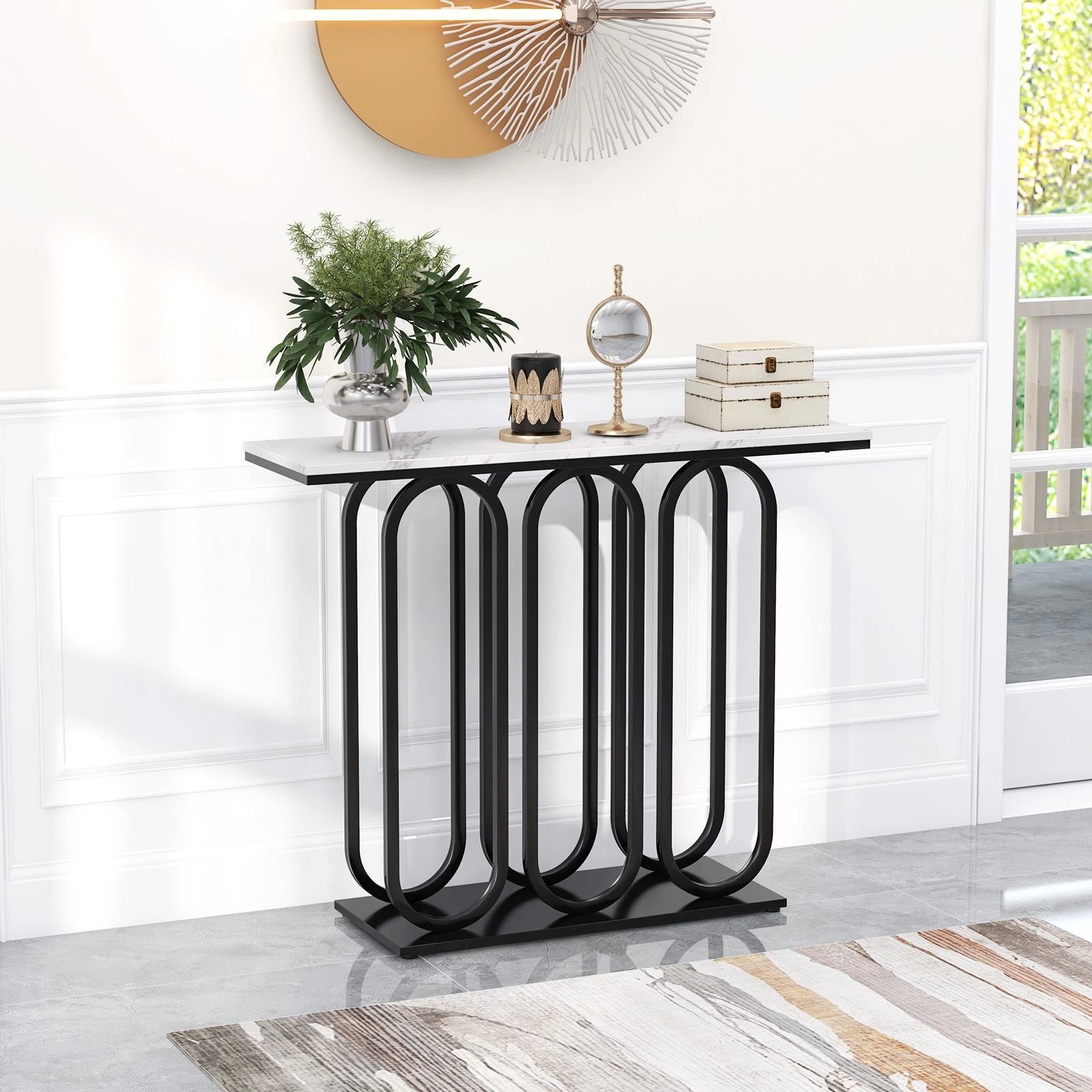 8 Costway Metal Frame Console Table Faux Marble Tabletop, 8 of 10