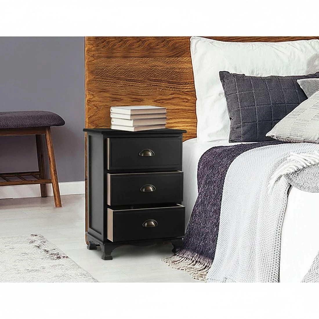 5 Artiss 2x Bedside Table 3 Drawers Vintage - THYME - Black, 5 of 7