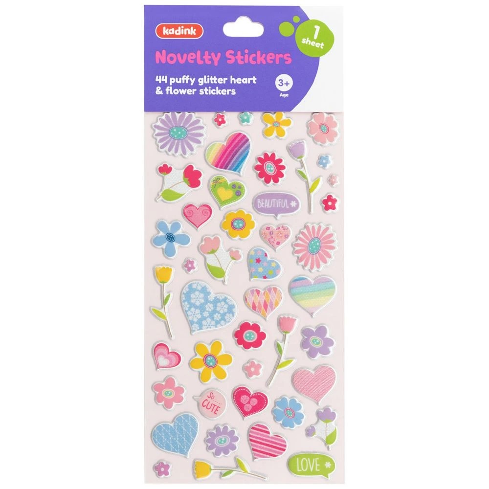 1 Kadink Puffy Sticker Glitter Sheet Heart & Flower Design, 1 of 1