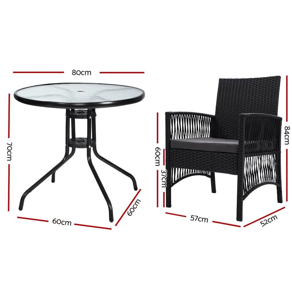 2 Gardeon 3PC Bistro Set Outdoor Furniture Rattan Table Chairs Cushion Patio - Black, 2 of 5