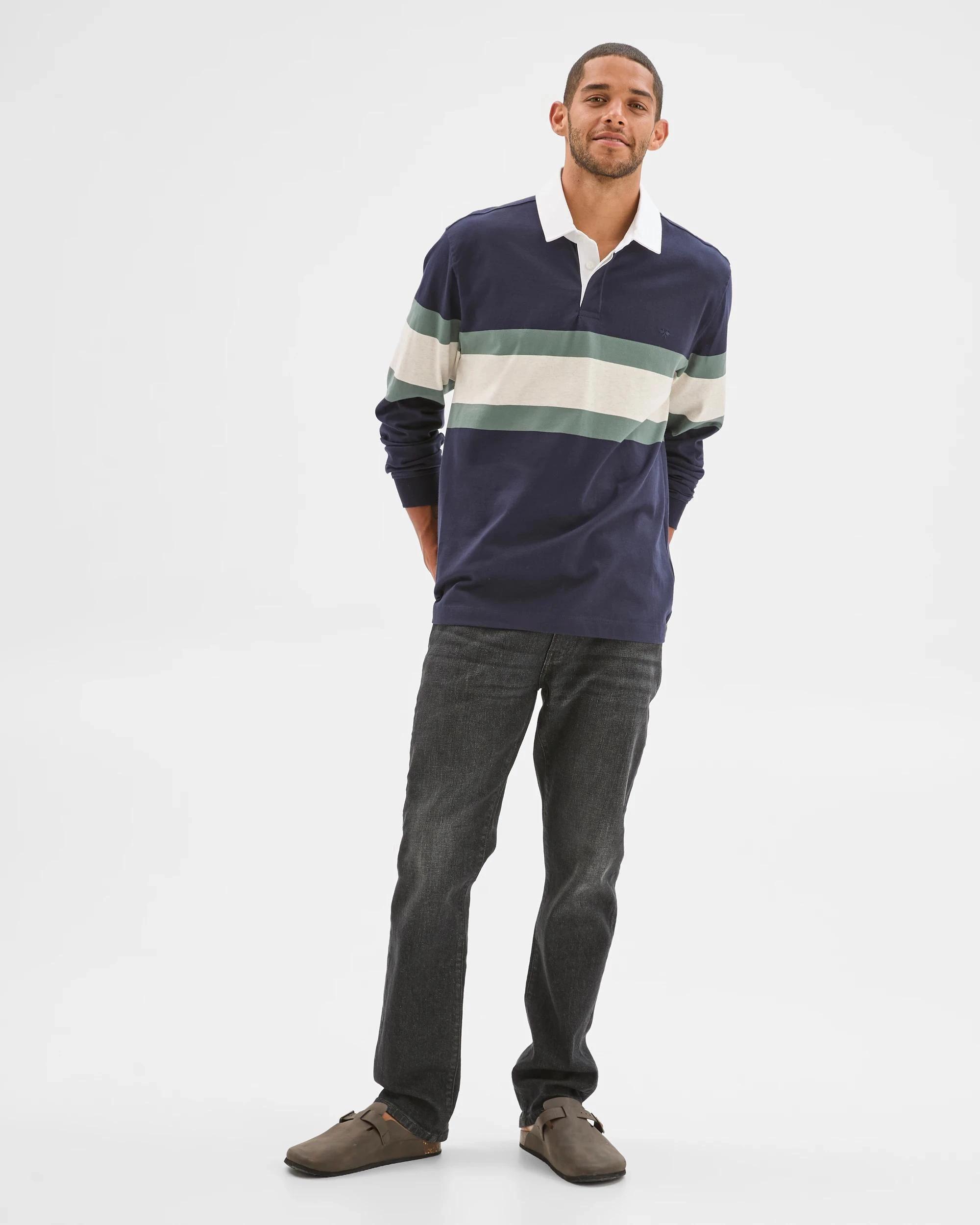 1 Target Man Australian Cotton Blend Long Sleeve Rugby Polo Top NAVY, 1 of 6