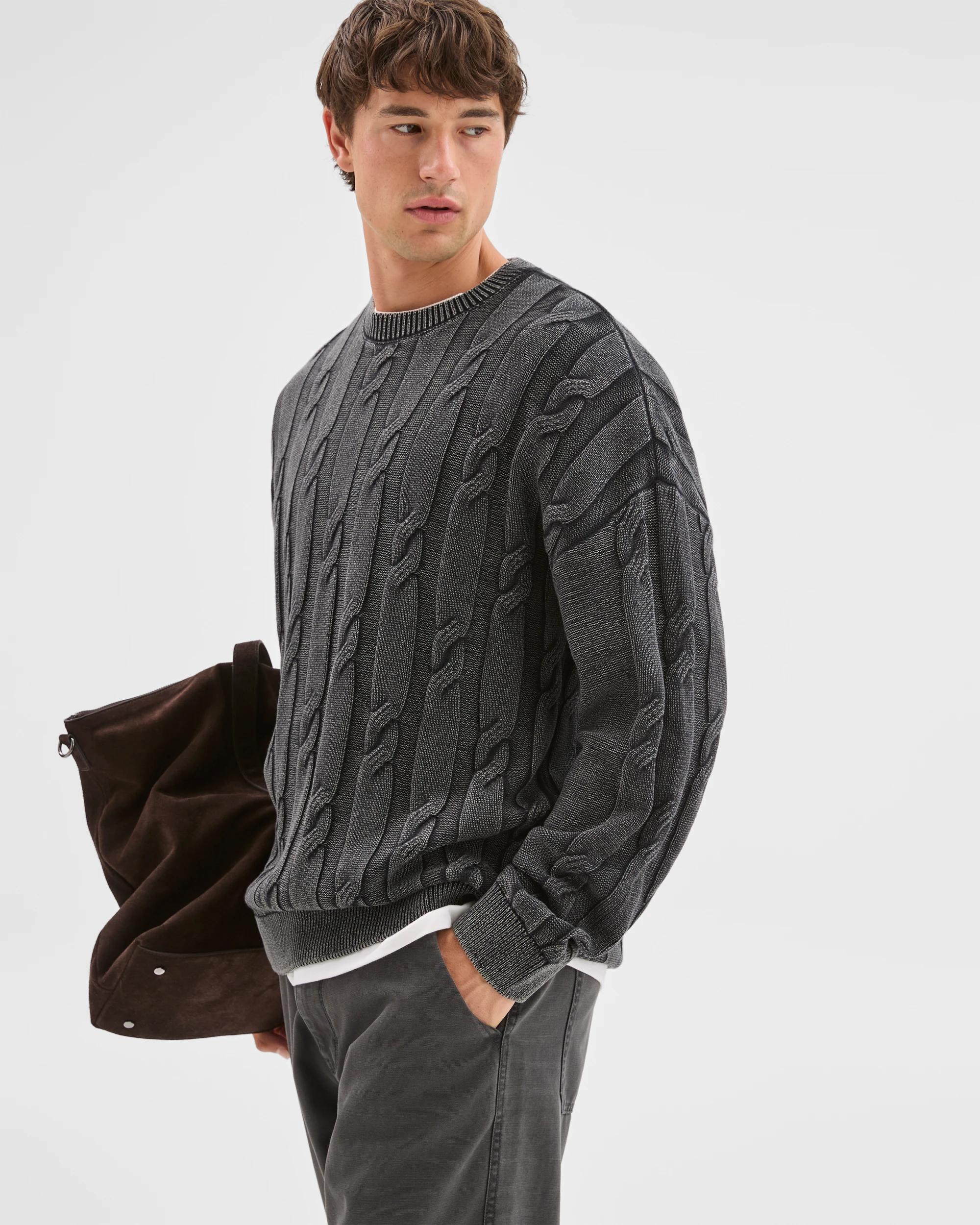 1 Commons Australian Cotton Cable Knit Washed Crew Jumper ACID BLACK, 1 of 6