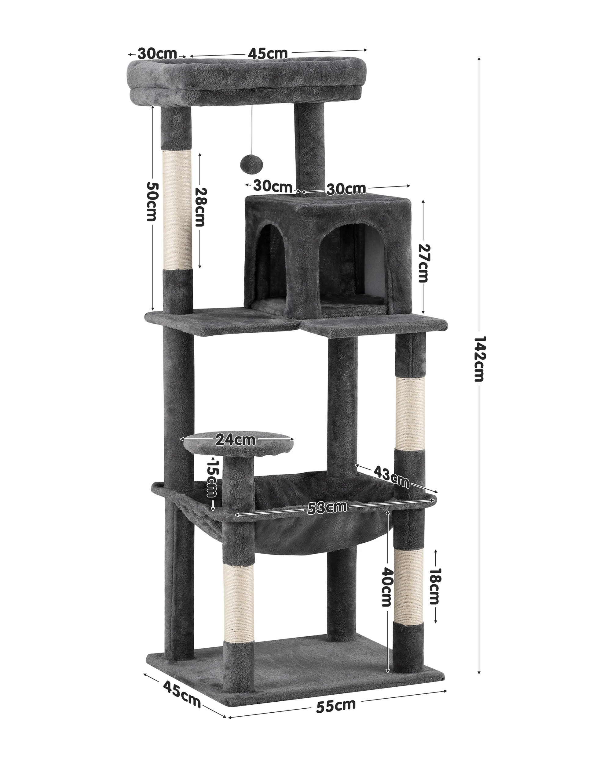 8 Petzly Cat Tree Tower Scratching Post Scratcher Condo House Bed 142cm Dark Grey, 8 of 8