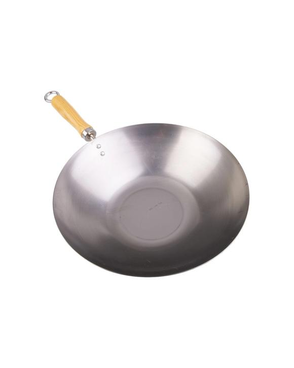 D.line 30cm Carbon Steel Stir-fry Wok Flat Base Wooden Handle Induction - Silver