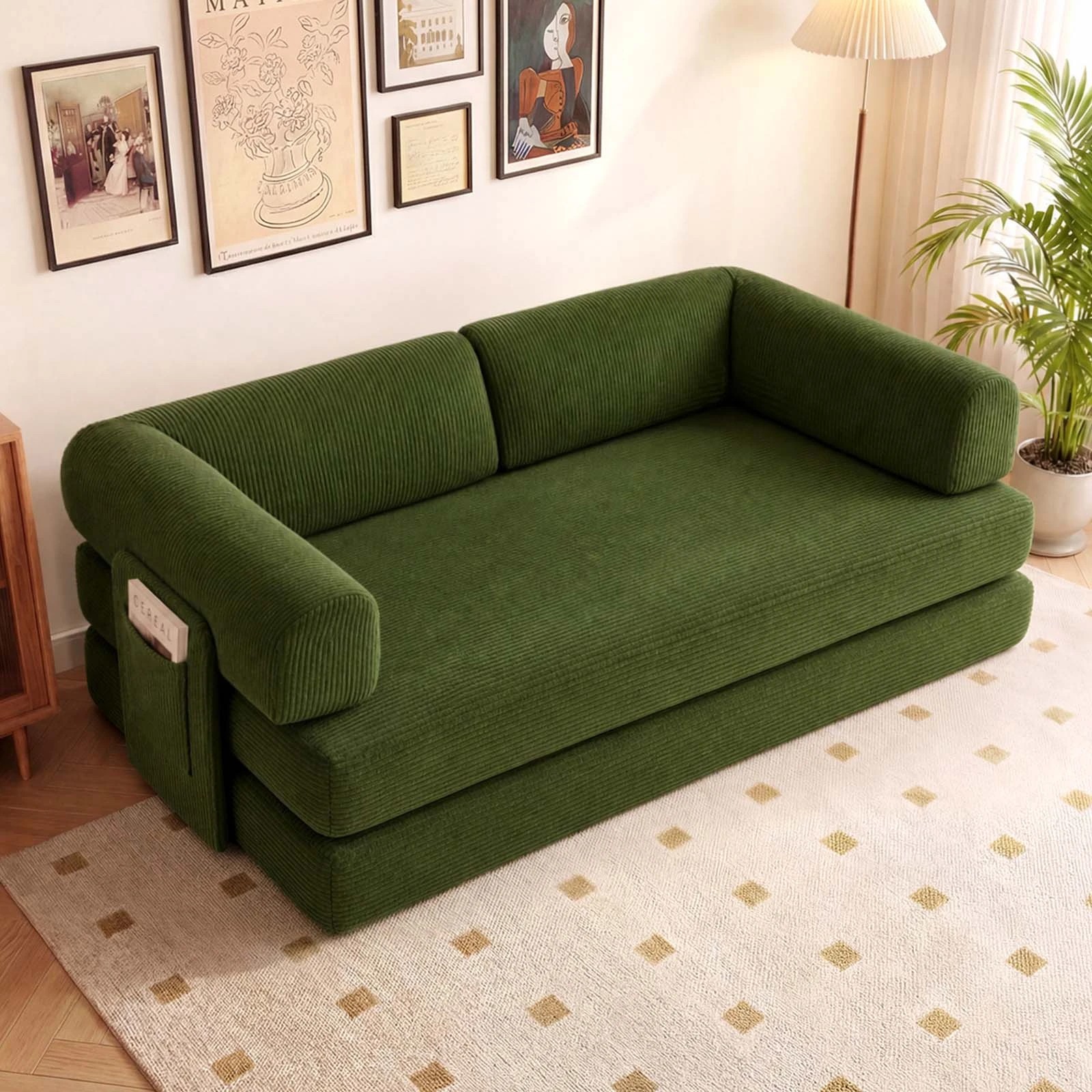 2 Advwin Folding Sofa Bed 5 in 1 Convertible Floor Loveseat Couch with L Shaped Armrests and Pockets - Green, 2 of 7