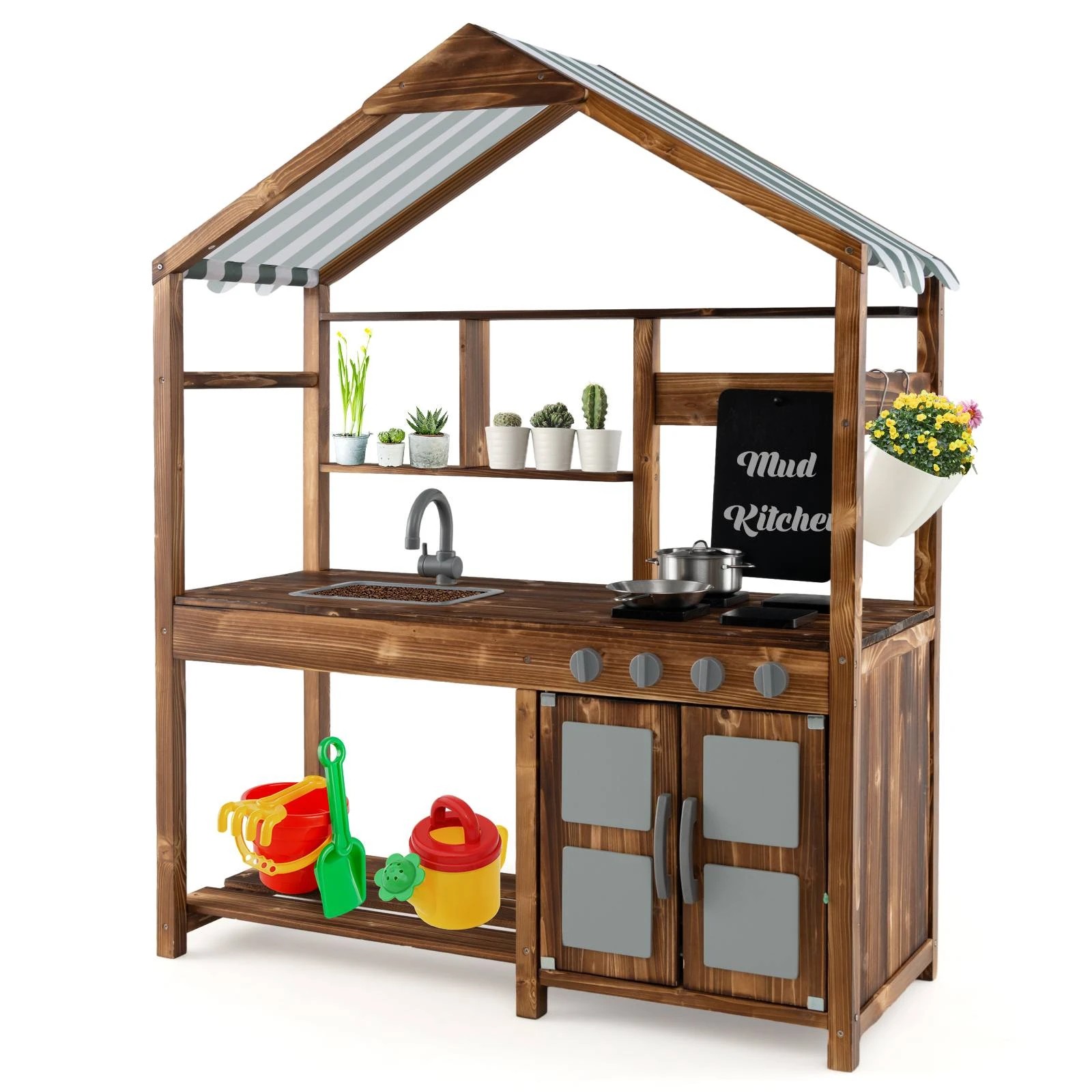 1 Costway Wood Kitchen Playset Pretend Cooking Toy w/Canopy, 1 of 5