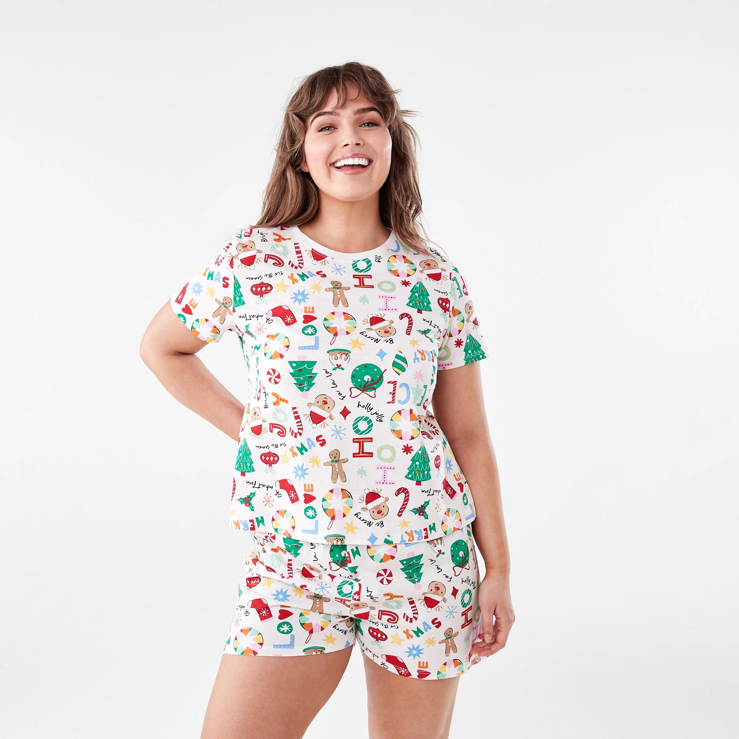 1 Wishing Tree Christmas Family Matching Knit Short Sleeve Top and Shorts Pyjama Set Xmas White, 1 of 7