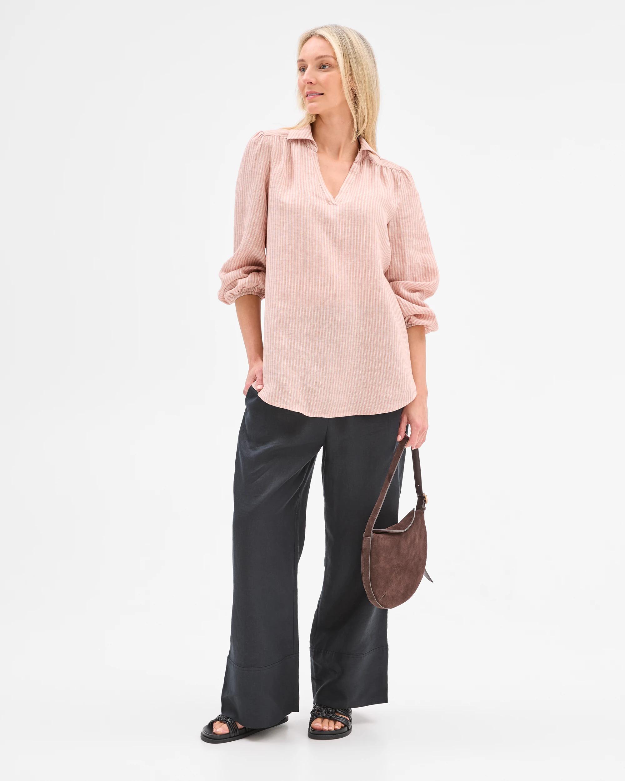 2 Target Maternity European Linen Popover Blouse PECAN STRIPE, 2 of 5