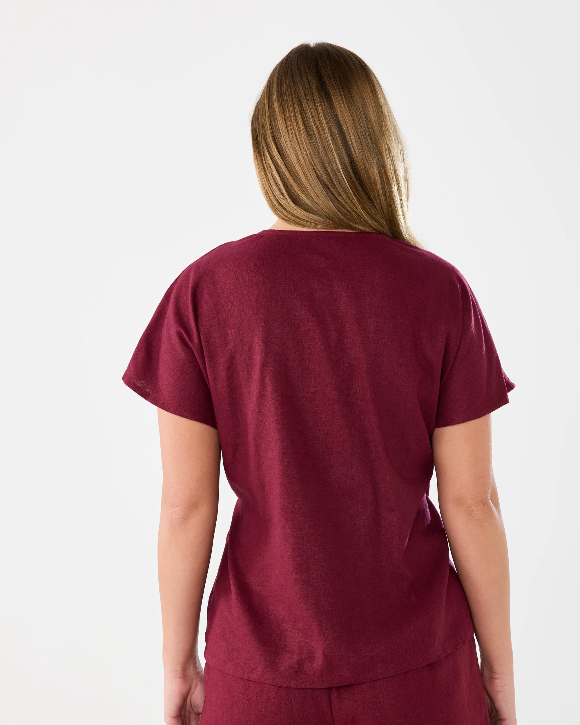 3 Short Sleeve Linen Blend Wrap Top Cran Juice, 3 of 8