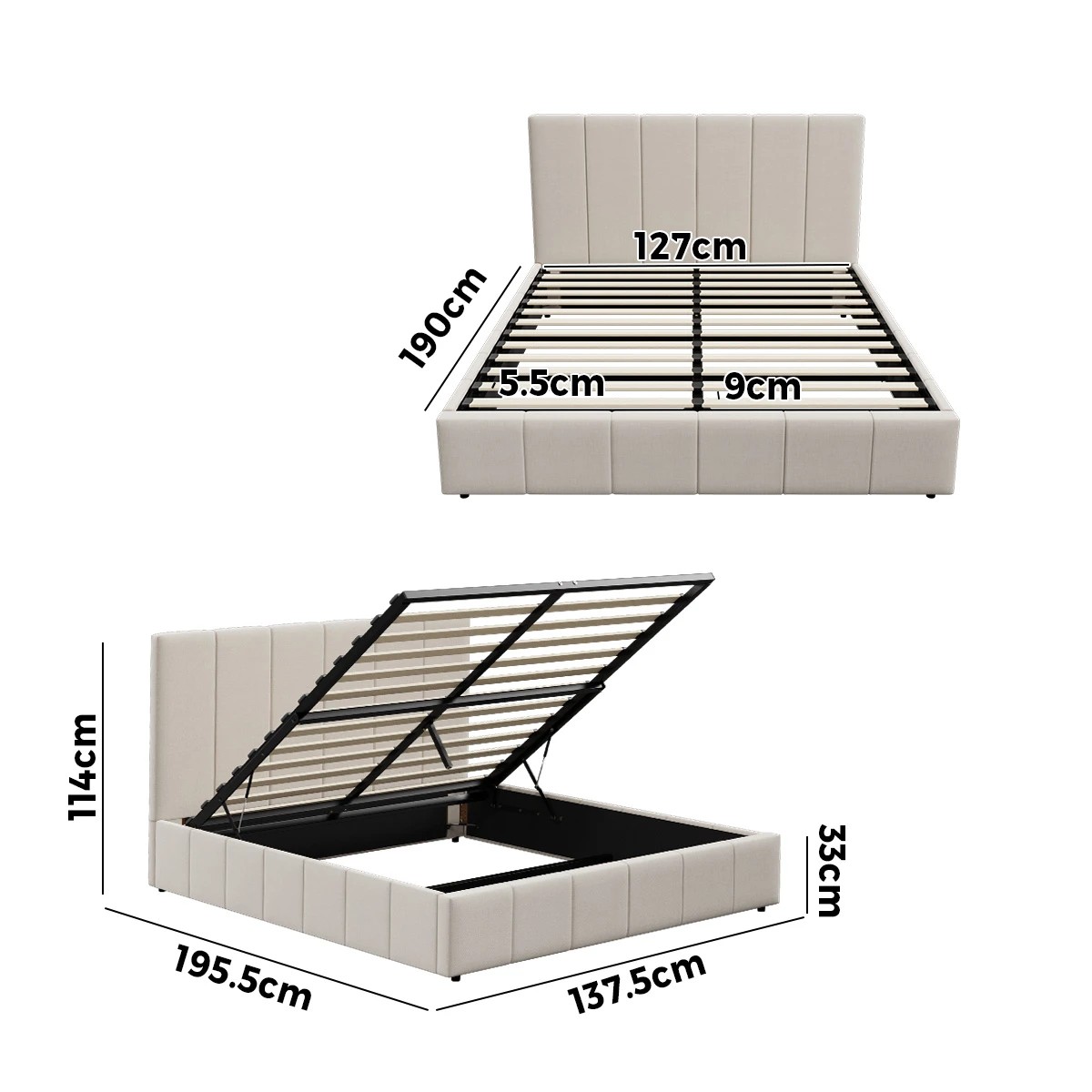 10 Oikiture Double Bed Gas Lift Base With Storage Bed Frame
 - Beige, 10 of 10