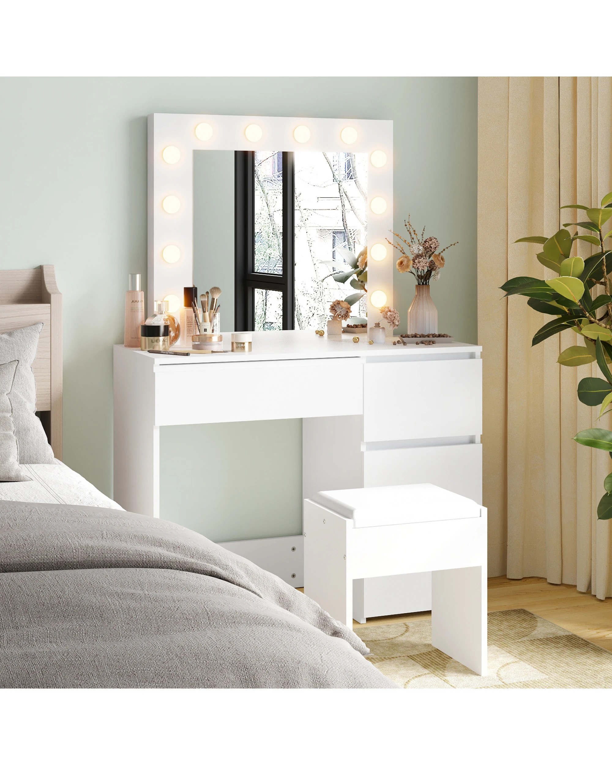 2 Advwin Dressing Table Stool Set With 12 Led Adjustable Bulbs 3 Drawers
 - White, 2 of 9