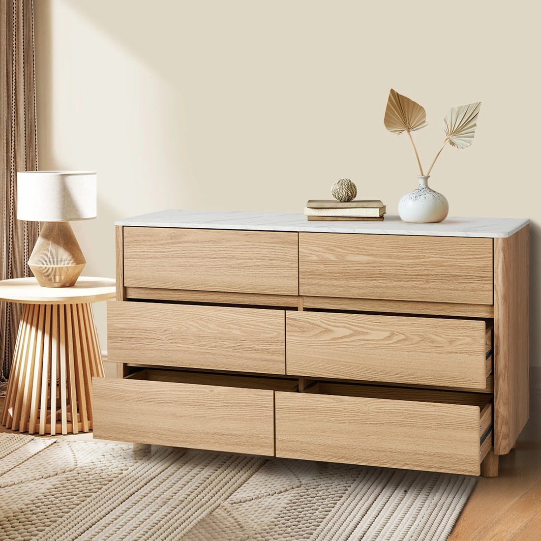 3 Oikiture 6 Chest Of Drawers Dresser Lowboy Storage Cabinet Faux Marble Top
 - Natural, 3 of 10