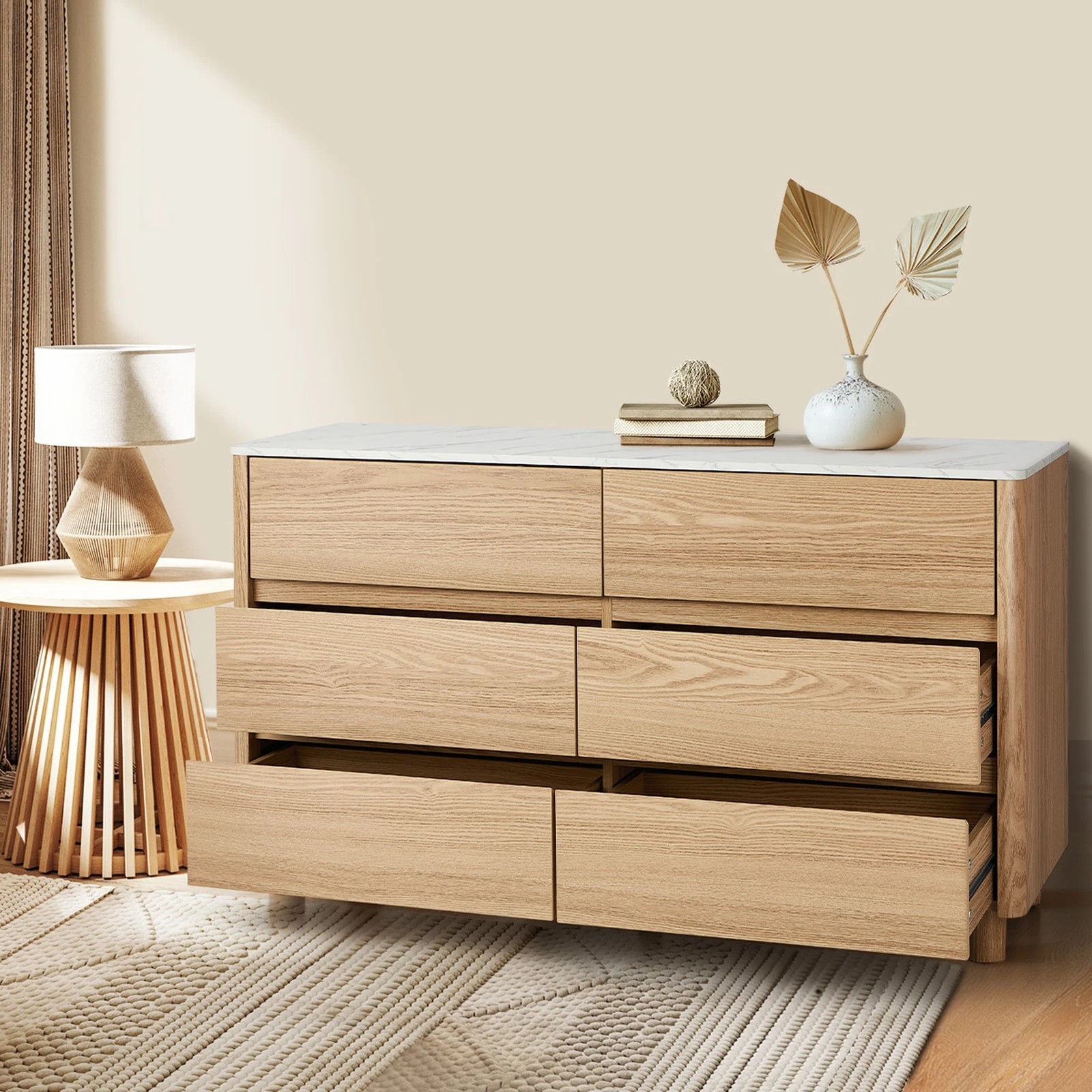 3 Oikiture 6 Chest Of Drawers Dresser Lowboy Storage Cabinet Faux Marble Top
 - Natural, 3 of 10