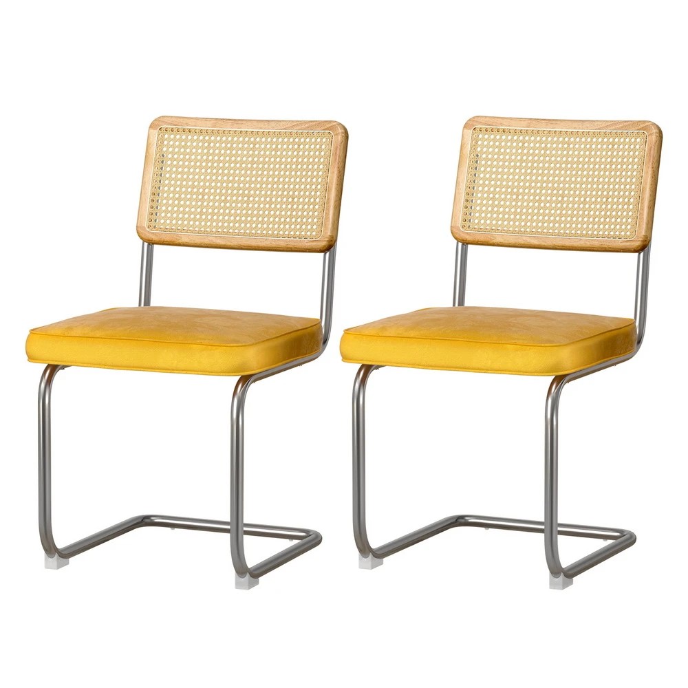 1 Artiss Dining Chairs Set of 2 Rattan Cantilever - Yellow, 1 of 5