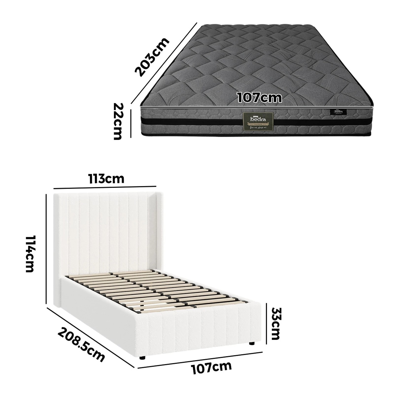 2 Oikiture Bed Frame King Single Gas Lift Storage Boucle Beds W/ Mattress Set BILY - White, 2 of 8