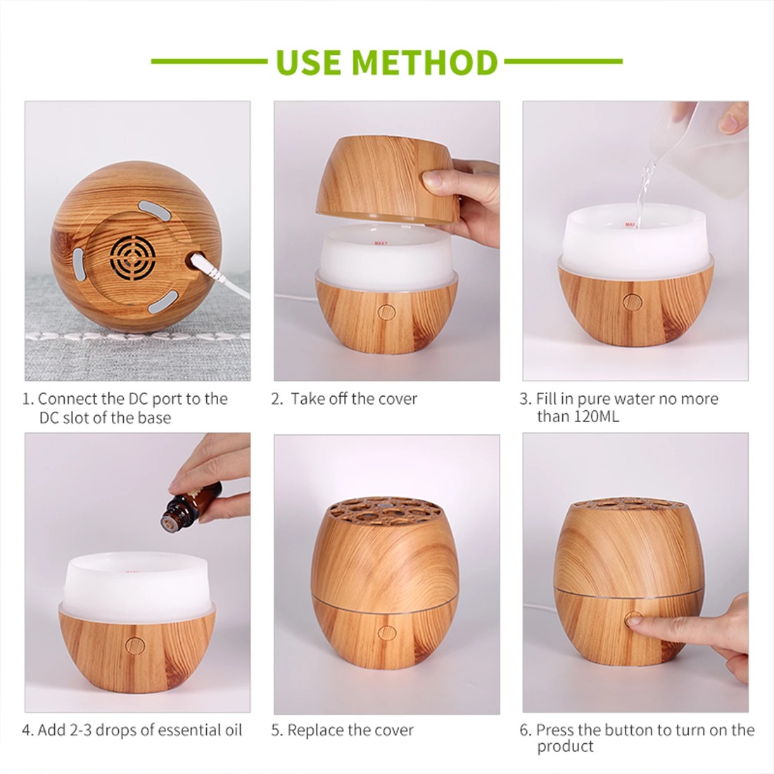 9 TODO 120ml Humidifier Aromatherapy Diffuser 7 Colour Led Ultrasonic Mist - Woodgrain, 9 of 9