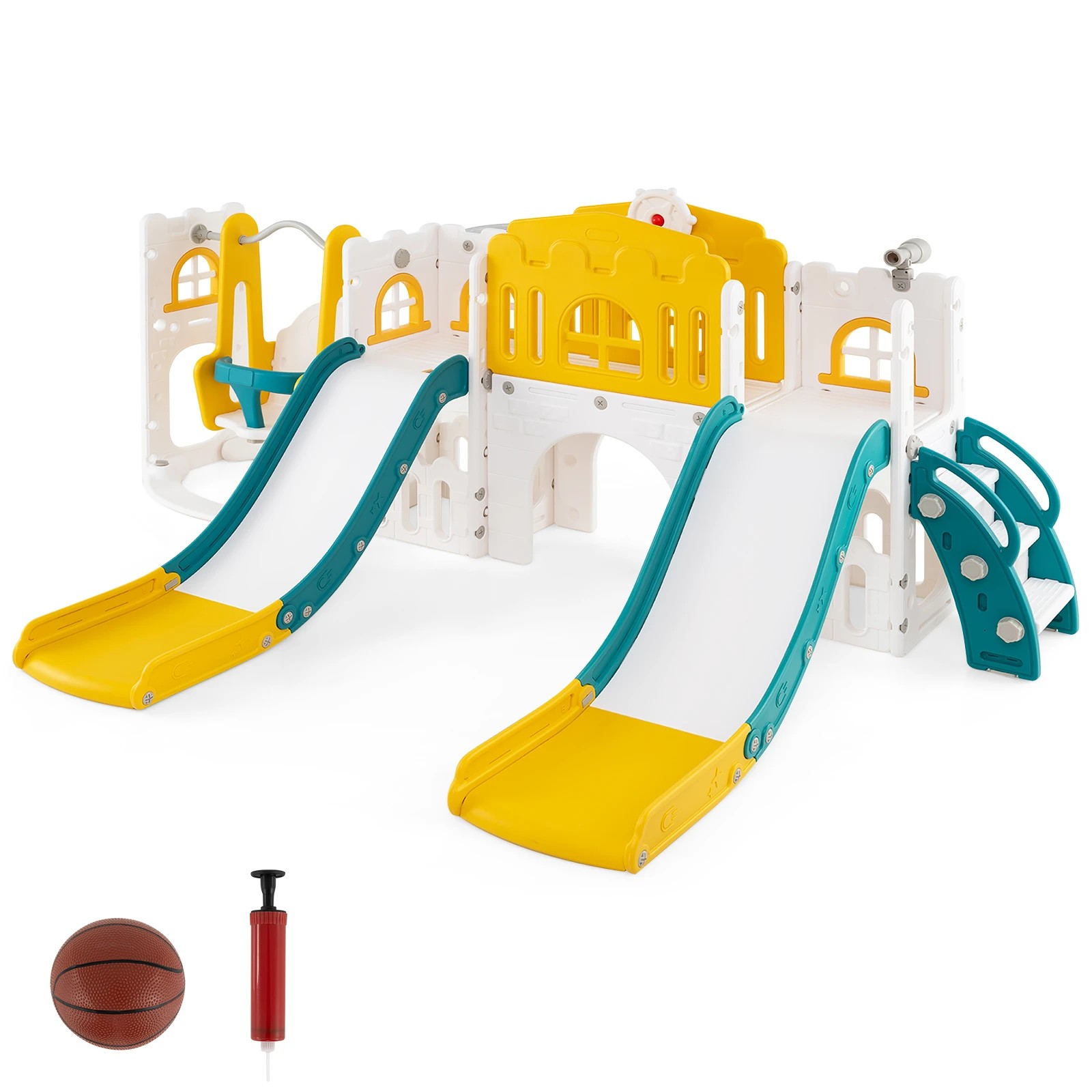 1 Costway 174cm 10 in 1 Kids Slide Swing Set w/Basketball Hoop Double Slides Indoor Playground - Yellow, 1 of 2