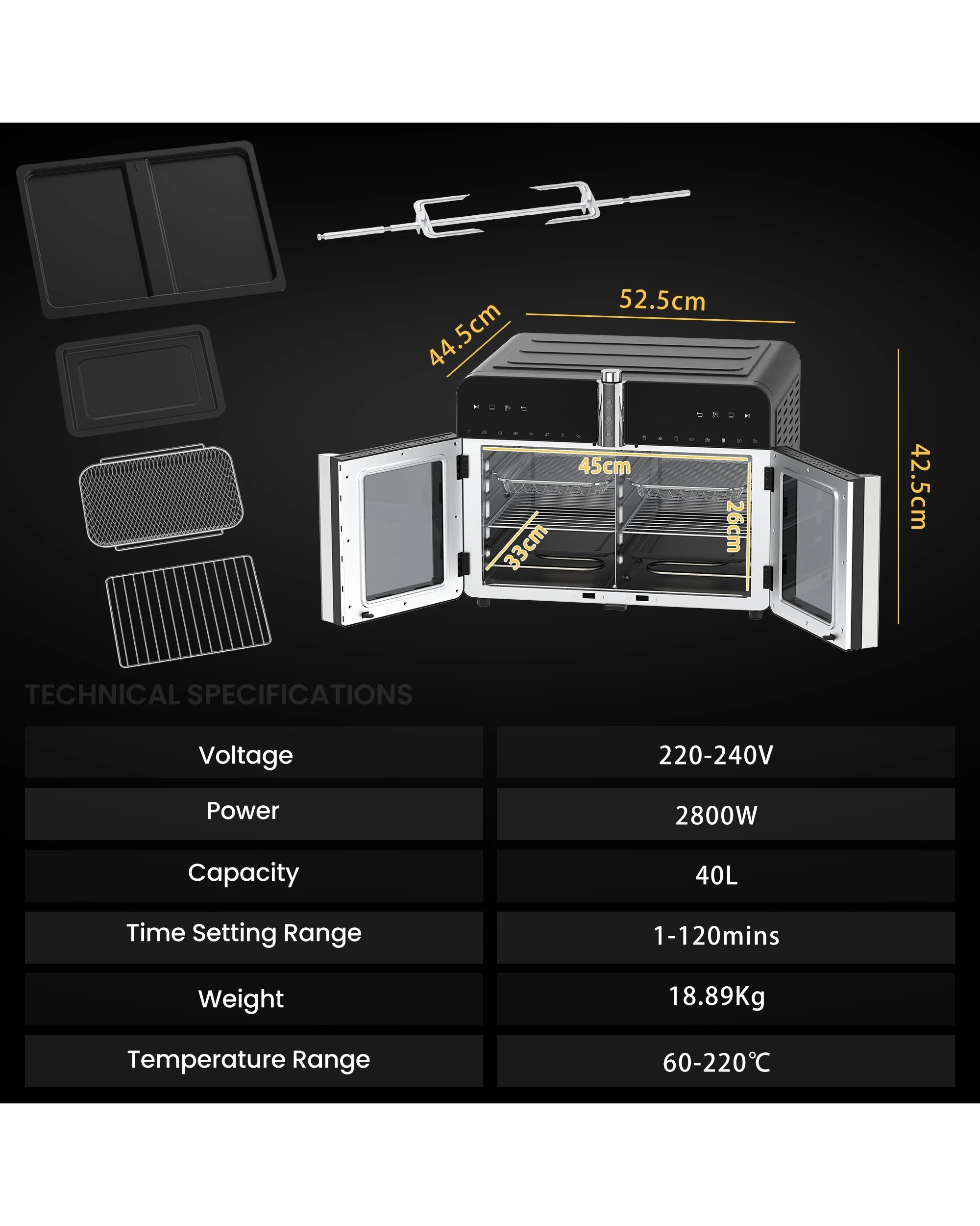 4 Advwin 40l Air Fryer Oven, 360° Toaster Rotary Convection Oven, 4 of 7