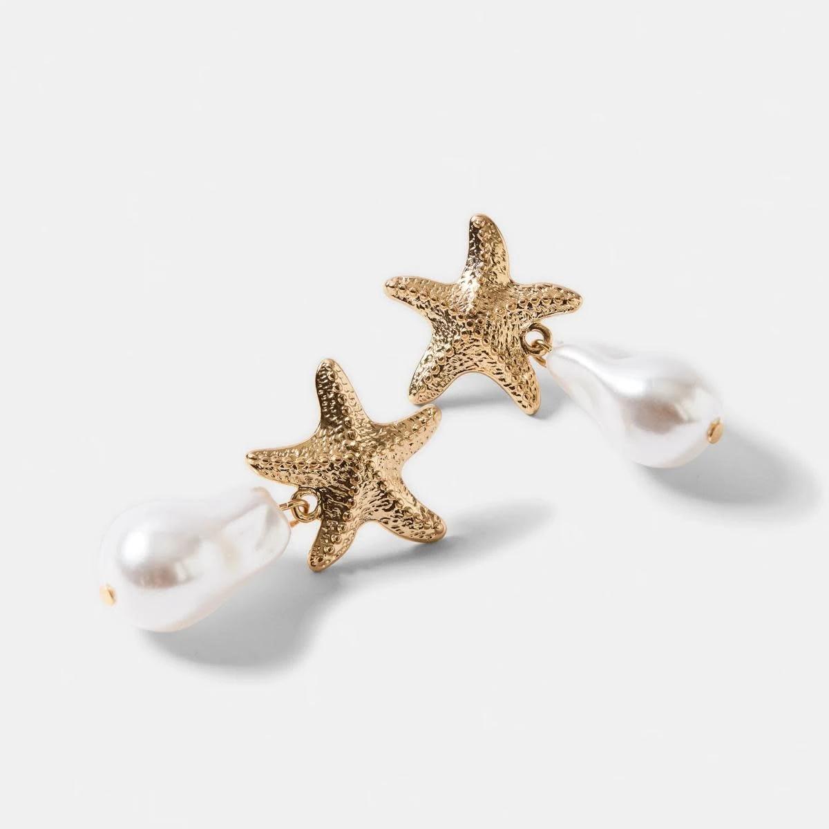 3 Starfish Faux Pearl Drop Earrings - Gold Tone GOLD METAL, 3 of 6