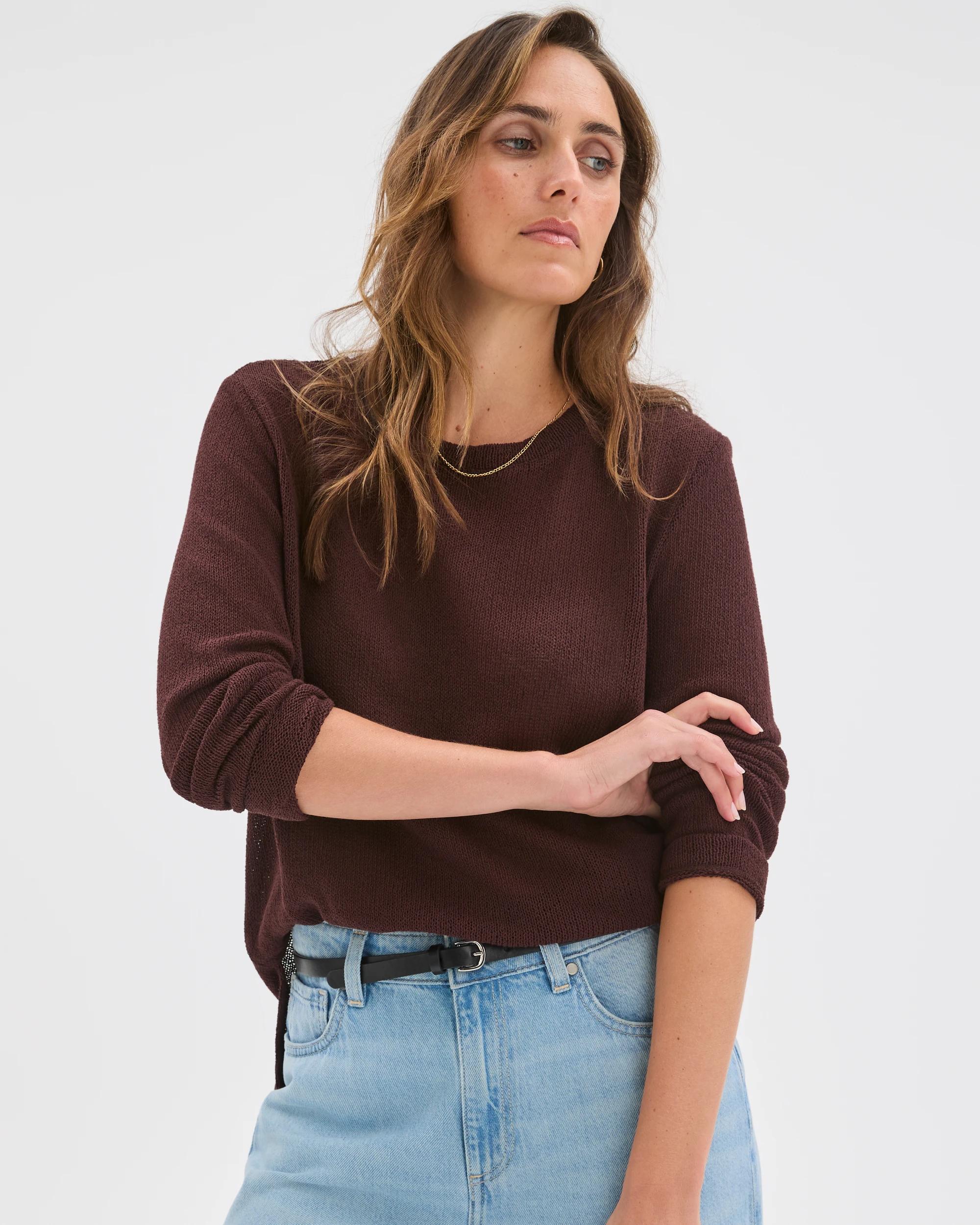 1 Target Woman Australian Cotton Blend Long Sleeve Step Hem Textured Knit Top CHOCOLATE PLUM, 1 of 7