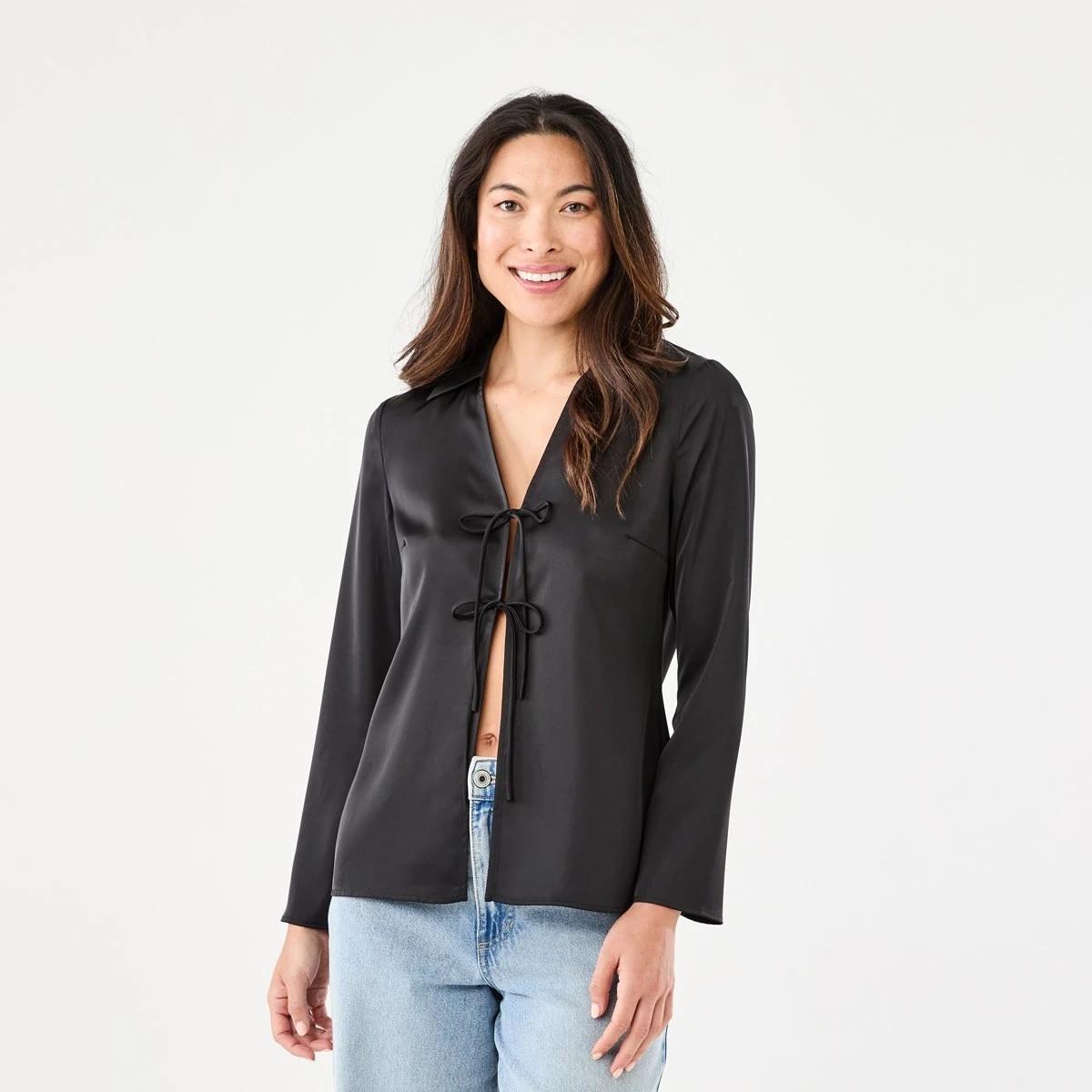 1 Long Sleeve Satin Tie Front Top Black, 1 of 7