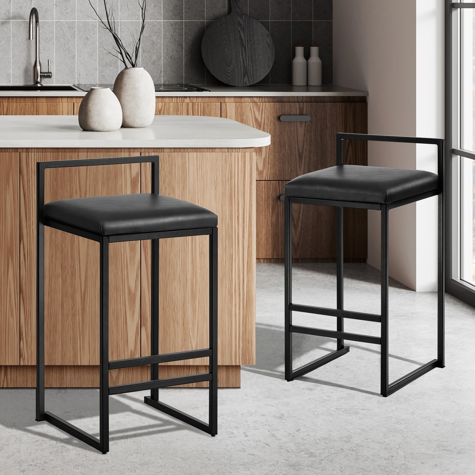 3 Oikiture 2x Bar Stools Kitchen Dining Stool Counter High Chair Leather - Black, 3 of 10