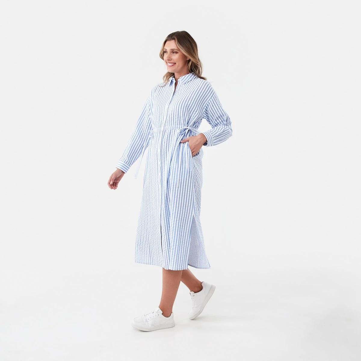 2 Long Sleeve Ruched Front Midi Shirt Dress Tny Stripe, 2 of 8