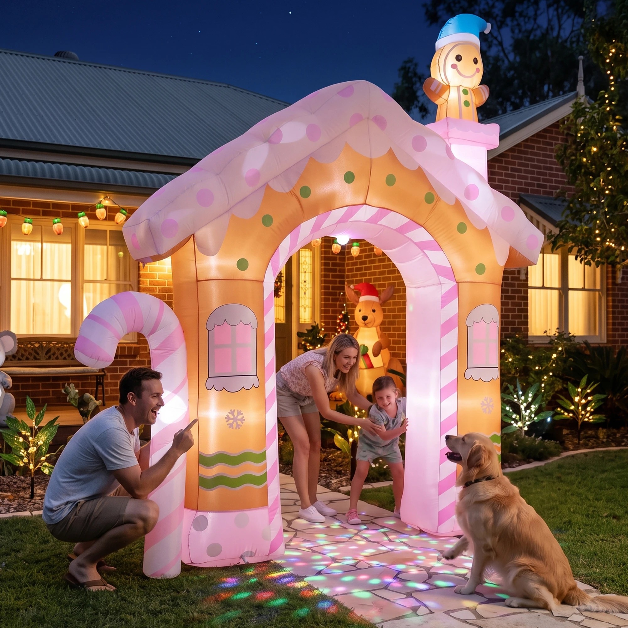 9 Jingle Jollys Christmas Inflatable Gingerbread Man Candy 3.2M Illuminated Decorations - Multi, 9 of 9