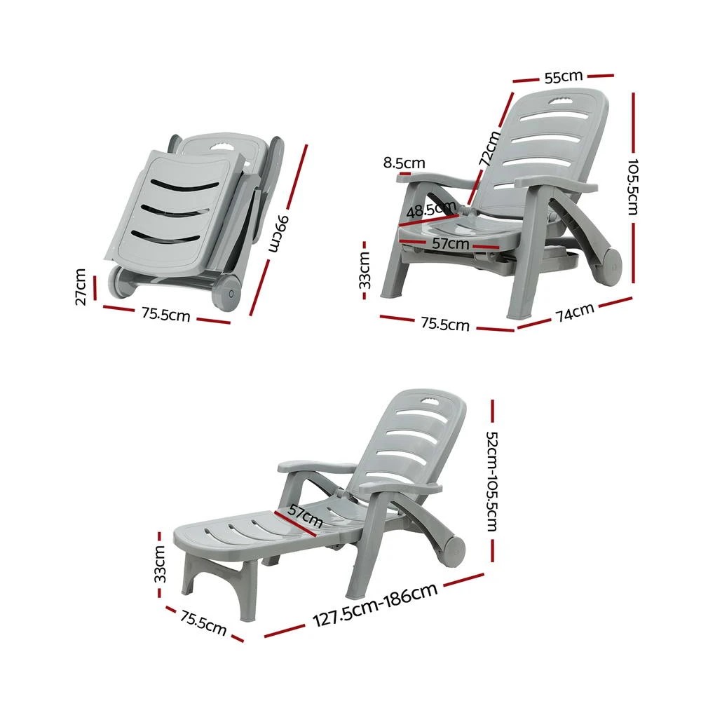 2 Gardeon Sun Lounger Folding Lounge Chair Wheels Patio Outdoor Furniture - Grey, 2 of 5