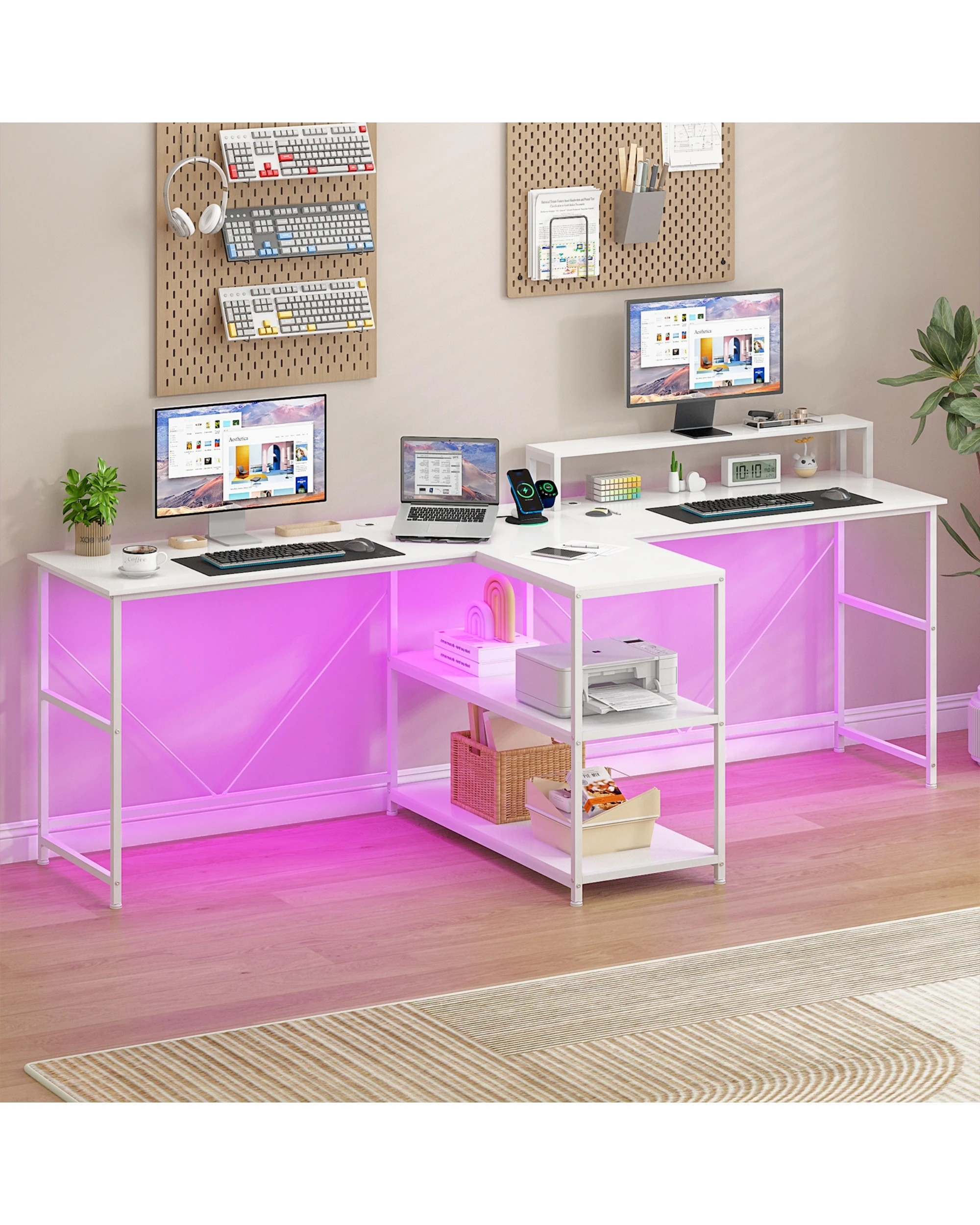 3 Advwin 236cm 2 Person LED Gaming  Computer Desks w/ Power Outlets  - White, 3 of 10