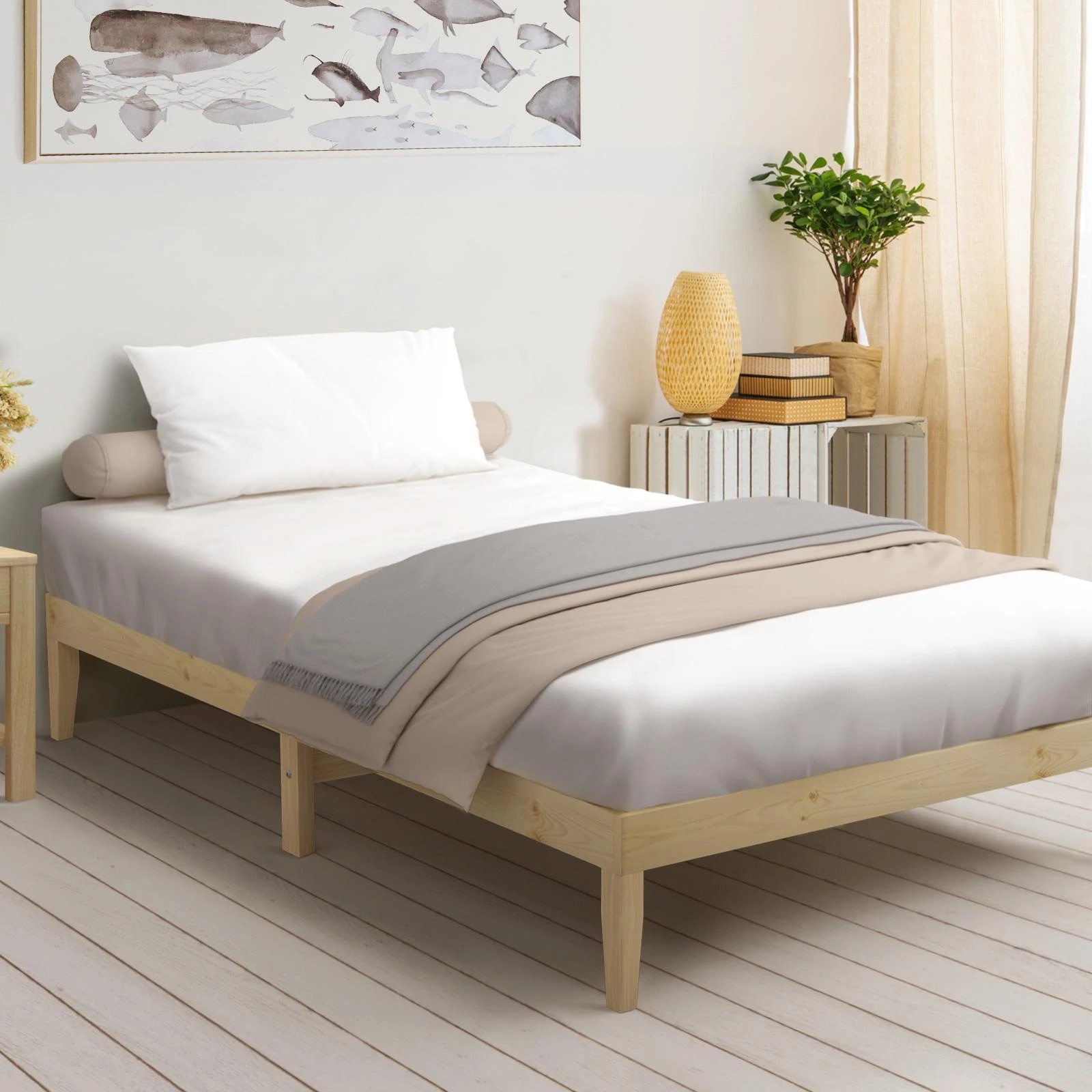 2 Oikiture Bed Frame Single Size Wooden Pine Timber Bedroom Furniture
 - Natural, 2 of 10