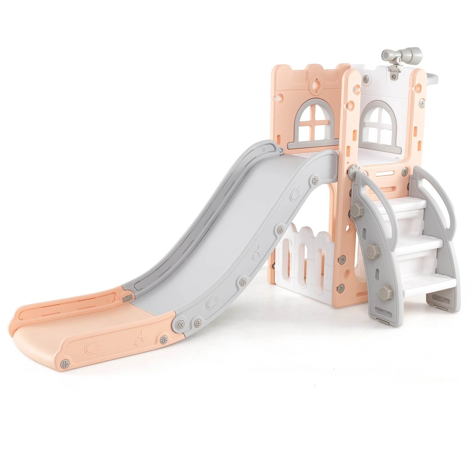1 Costway 6-in-1 Slide Set w/Basketball Hoop Playset Pink, 1 of 3