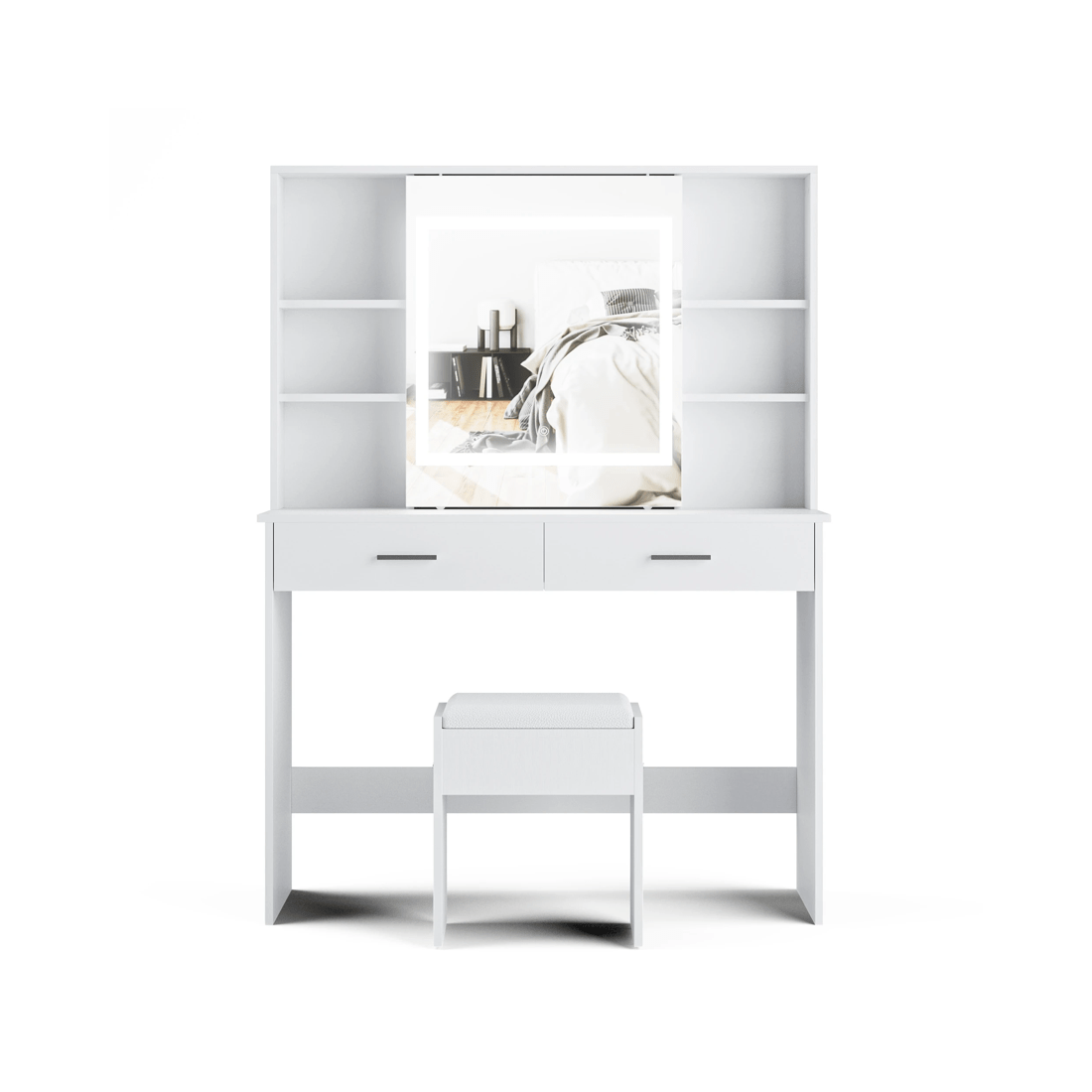 1 Advwin Dressing Table Stool Set With Slide Make Up Led Mirror Vanity Desk With 2 Storage Drawers And Open Storage Shelf, 1 of 10